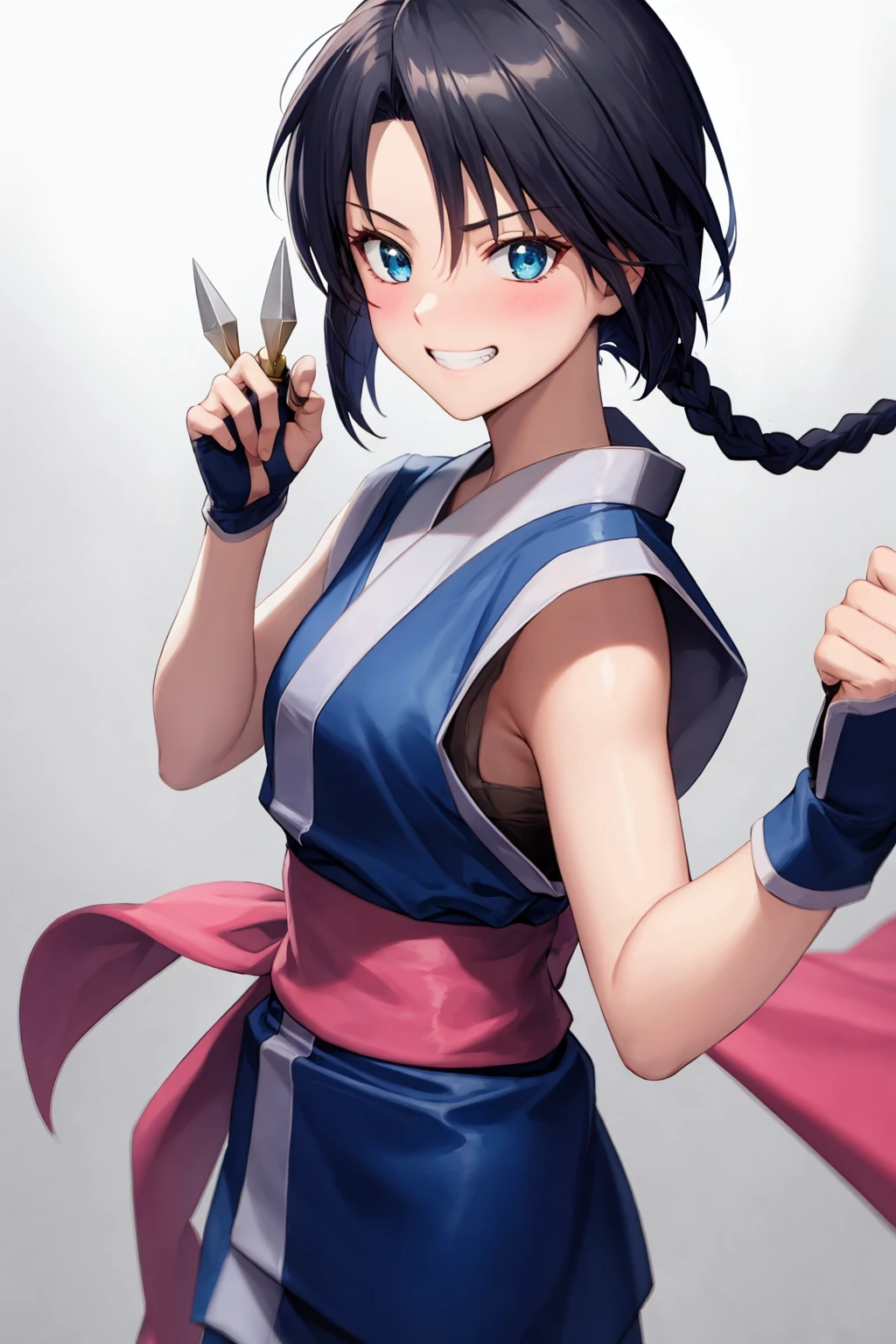 masterpiece, best quality, <lora:MakimachiMisao:1>,
1girl,single braid,black hair,long hair,blue eyes,japanese clothes,short sleeves,blue short kimono,pink bow,sash,
cowboy shot, grey background, grin,fighting stance, kunai,holding weapon,