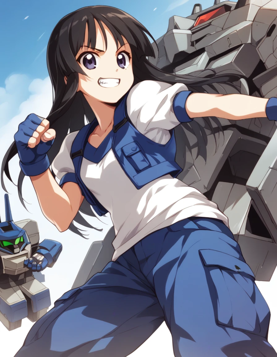 <lora:aoba-ponyxl-000020:1> tsuzaki, black hair,
cropped vest, white shirt, t-shirt, short sleeves, cargo pants, blue pants, fingerless gloves,
1girl, confident, power pose, grin, mecha, score_9, score_8_up, score_7_up, score_6_up, score_5_up, score_4_up