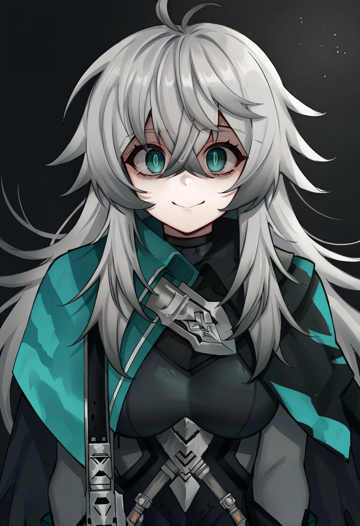 score_9, score_8_up, score_7_up, score_6_up, source_anime, BREAK upper body, gradient background, black background, 1girl, <lora:KatjaPDXL-v2-17:1> katja, long hair, grey hair, aqua eyes, hair between eyes, ahoge, bodysuit, cape, gloves, large breasts, blank stare, looking at viewer, forced smile, glowing eyes,