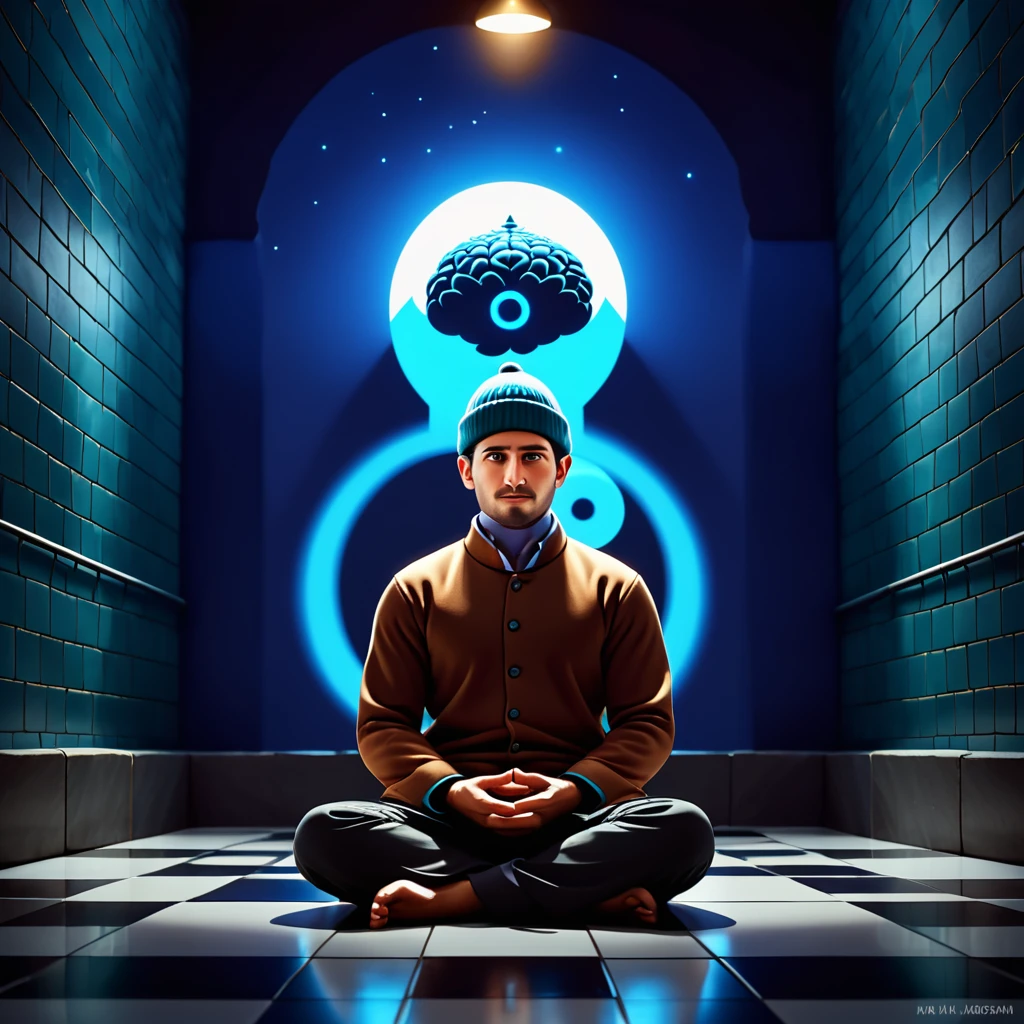 cinematic film still a man sitting on the floor, magic eye style poster, still from a 2015 pixar , brain interface, tiles, inspired by Nikolaj Abraham Abildgaard, hindu stages of meditation, neochrome colors, the man in the wall, anamorphic 80mm lens, knitted hat, colored spots, inspired by Maryam Hashemi, commercial shot, compression <lora:Blob_pixel_art-000005:0.8> . shallow depth of field, vignette, highly detailed, high budget, bokeh, cinemascope, moody, epic, gorgeous, film grain, grainy