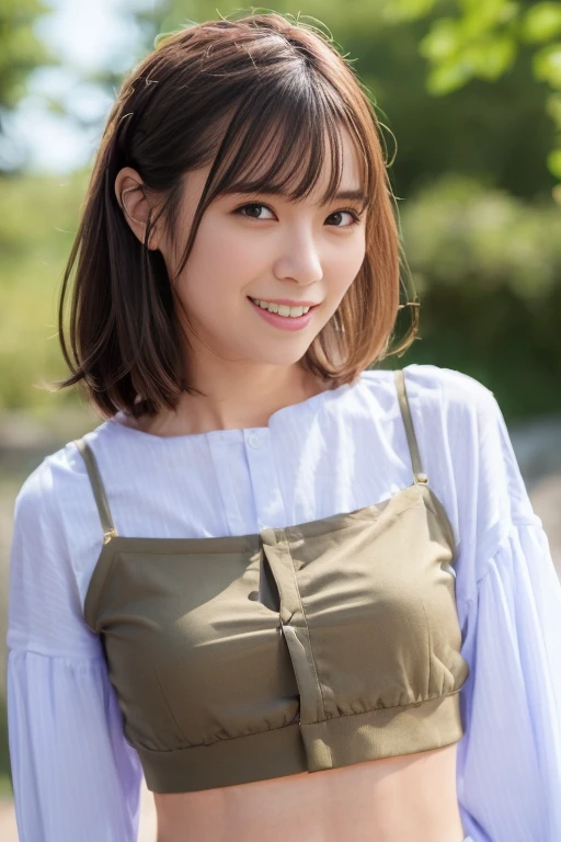 1girl, (crop top, shirt:1.8),(RAW photo, best quality:1.4), (realistic, photo-realistic:1.4), masterpiece, an extremely delicate and beautiful, extremely detailed, 2k wallpaper, Amazing, finely detail, extremely detailed CG unity 8k wallpaper, ultra-detailed, highres, soft light, beautiful detailed girl, extremely detailed eyes and face, beautiful detailed nose, beautiful detailed eyes,(blurry,bokeh backgound:1.6),(park:2.0),perfect anatomy,(slender body:1.6),(close up face:1.8),(smile:1.8),(looking at viewer:1.8), (japanese idol:1.8), (brown eyes:1.4),(brown hair:1.8),<lora:liyuu_lora-10:0.8>