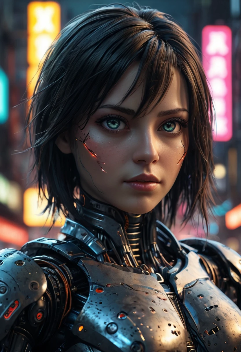 HDR photo of cybernetic robot breathtaking In this breathtaking world of Battle Angle at night, ral-ledlights Alita comes to life in a stunning adaptation, natural skin. Running towards the viewer, she commands attention, revealing every curve and line of her lean athletic form. Her charming and determined expression. The neon lights that bathe her in a warm glow. She maintains the same cool composure that made her such an iconic character. High contrast, vibrant colors, embedding:, extremely large detailed eyes. The overall effect is a stunning image that captures the style of Chris Cold and Jason Edmiston, <lora:ral-ledlights:0.4>,. android, AI, machine, metal, wires, tech, futuristic, highly detailed, . High dynamic range, vivid, rich details, clear shadows and highlights, realistic, intense, enhanced contrast, highly detailed
