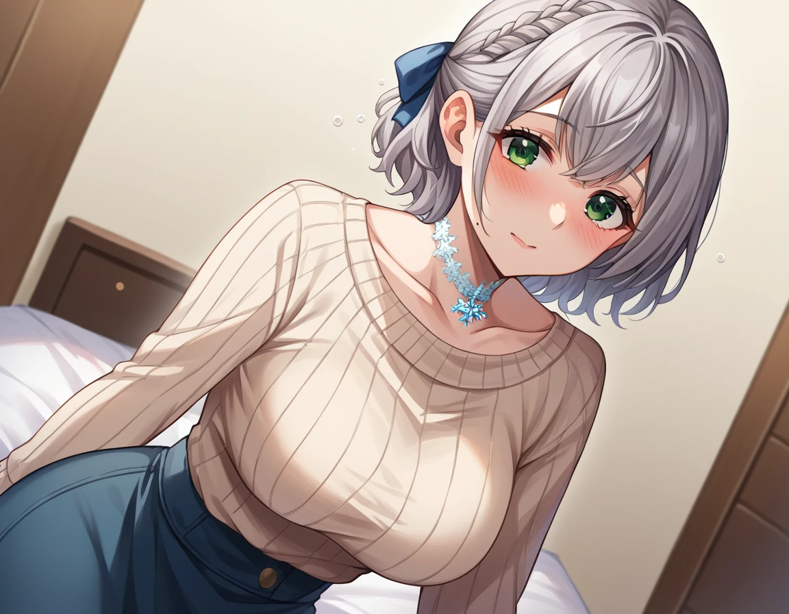 score_9, score_8_up, score_7_up, source_anime,
noelshirogane, <lora:noel-shirogane-ponyxl-lora-nochekaiser:1>,
shirogane noel, braid, french braid, green eyes, grey hair, hair ribbon, ribbon, short hair, snowflake choker, wavy hair, mole, mole on breast, mature female,
casual, collarbone, high-waist skirt, official alternate costume, official alternate hairstyle, sweater,
indoors, bed, bed room, on side, blush, drunk,
looking at viewer, cowboy shot, dutch angle,
