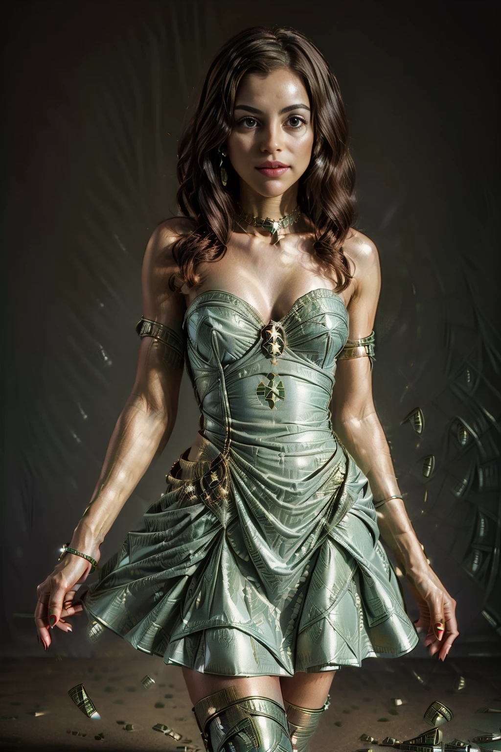 <lora:DollarWorld:1.0> (DollarWorld:1.1) (1woman dress :1.3)