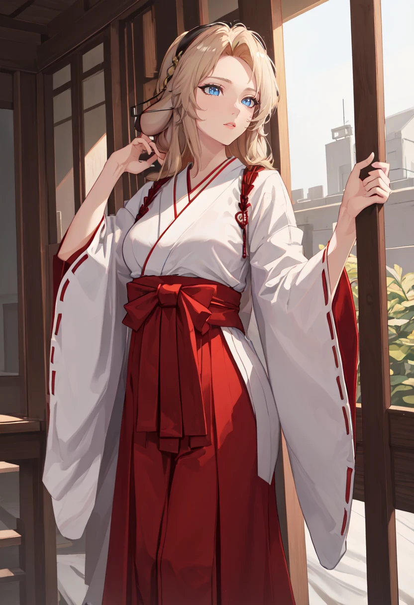 best quality, masterpiece, highres, solo, (kristen_arknights:1.10), (white kimono:1.35), (red hakama:1.35), (wide sleeves:1.20), 15 <lora:kristen_arknights:0.80>