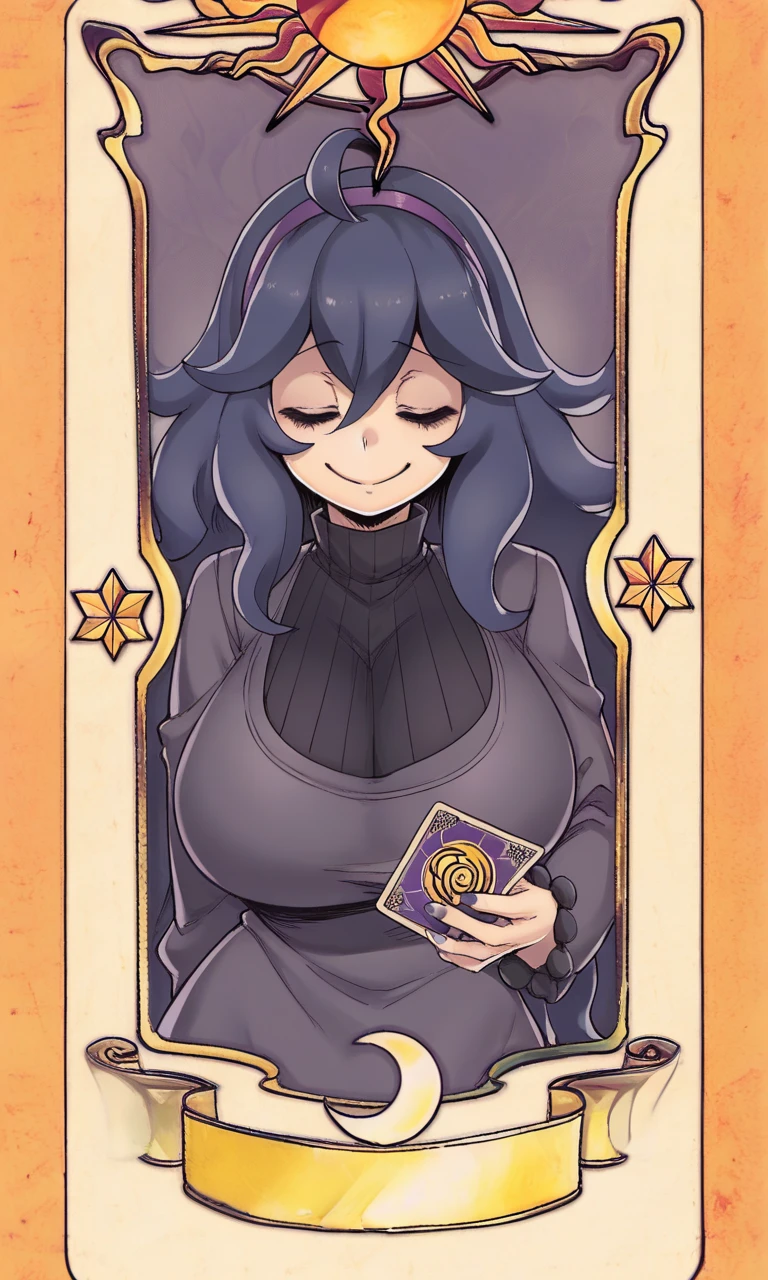 score_9, score_8_up, score_7_up, score_6_up, score_5_up, score_4_up, BREAK,
closed eyes, card, solo, tarot, smile,
hex_maniac_(pokemon), 1girl, purple eyes, hairband, huge breasts,
<lora:ClowcardsXLLocon:1>