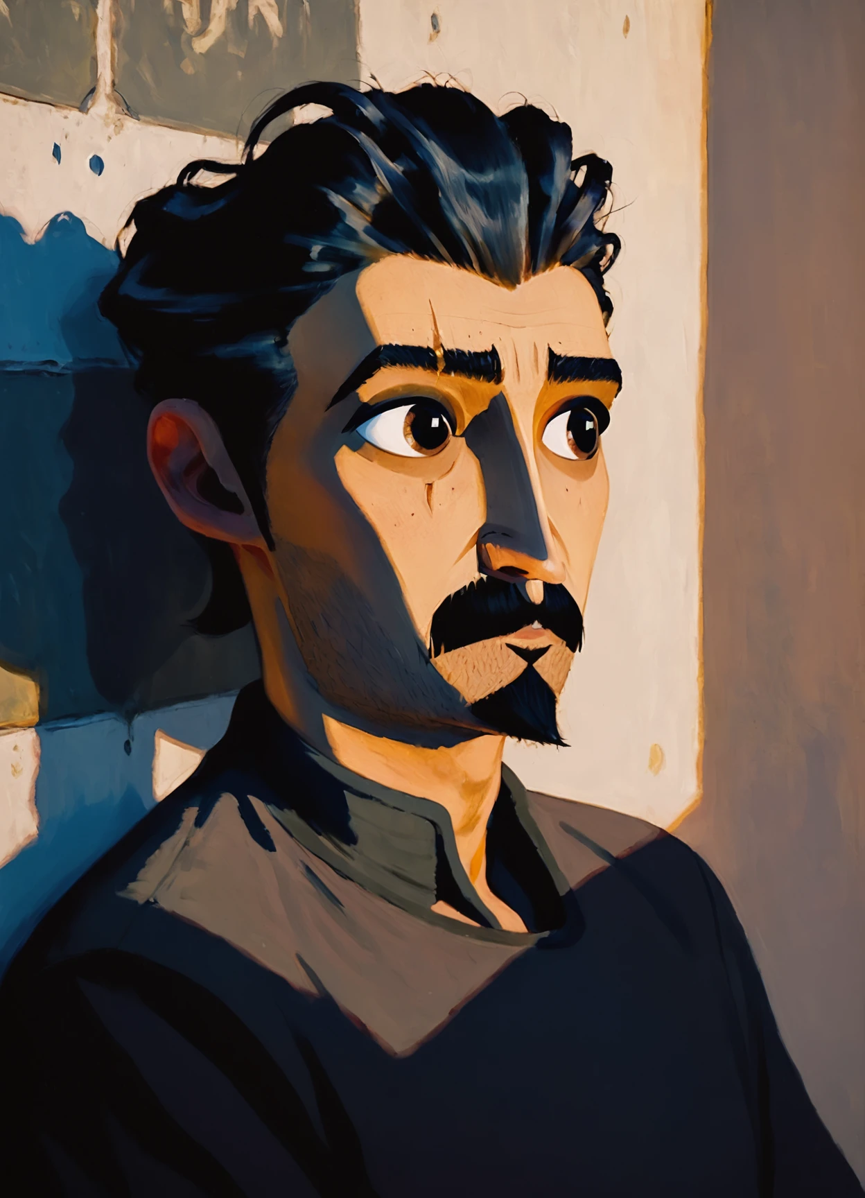 absurdres, original, score_9, score_8_up, score_7_up, rating_safe, rating_questionable, oil painting, traditional media, realistic, 1boy, solo, male focus, upper body, ballister, thick mustache, goatee, brown eyes, thick eyebrows, thick, mustache, beard stubble, hair slicked back, short hair, dark skin, dark skinned male, black hair, undercut, eyebrow cut, standing, black print shirt, looking to the side, sunset, sunlight, shadow, indoor, wall, <lora:ballister_v01:0.8>, <lora:Impressionism Oil Painting Style LoRA_Pony XL v6:0.8>