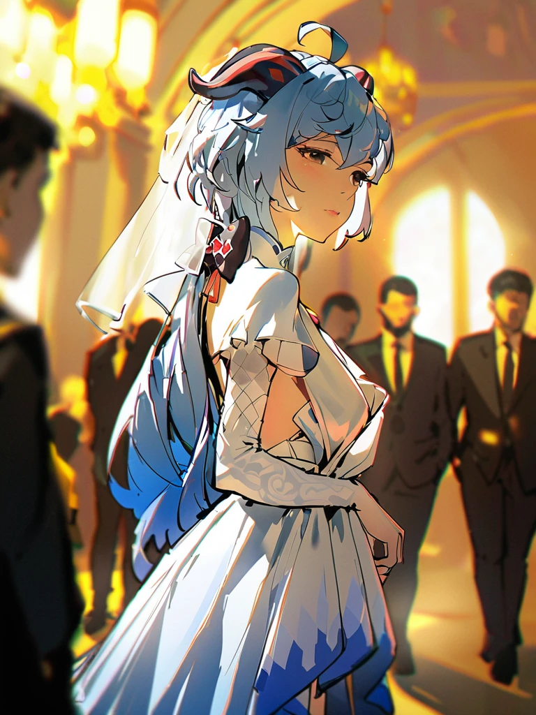 masterpiece, best quality, <lora:style26-xl:1>,1girl, ganyu \(genshin impact\),solo focus, dress, black eyes, black hair, long hair, multiple boys, blurry, see-through, lips, white dress, looking to the side, blurry background, brown hair, veil, bangs, cosplay, closed mouth,