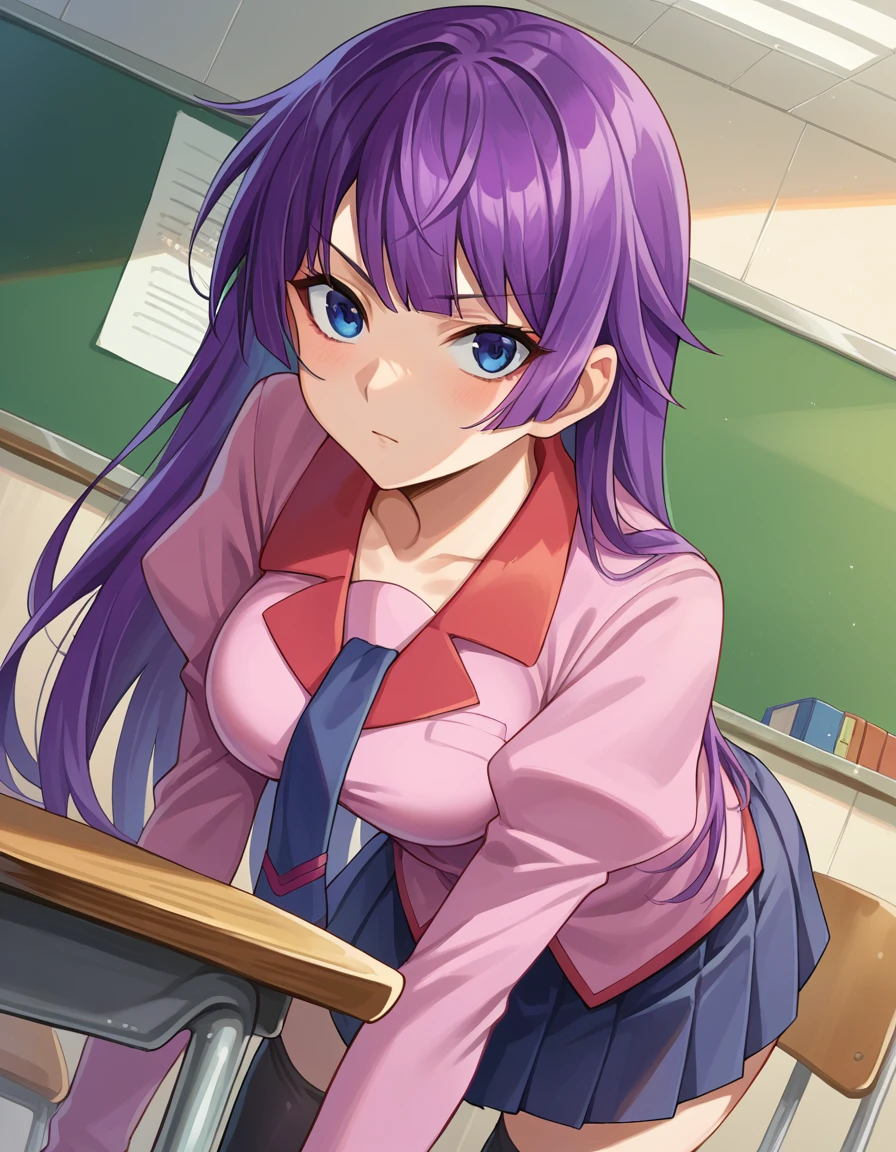 score_9, score_8_up, score_7_up, source_anime,
hitagisenjougahara, <lora:hitagi-senjougahara-ponyxl-lora-nochekaiser:1>,
senjougahara hitagi, bangs, long hair, blue eyes, purple hair,
skirt, thighhighs, school uniform, necktie, black thighhighs, zettai ryouiki, naoetsu high school uniform,
indoors, classroom, bent over,
looking at viewer, cowboy shot, dutch angle,