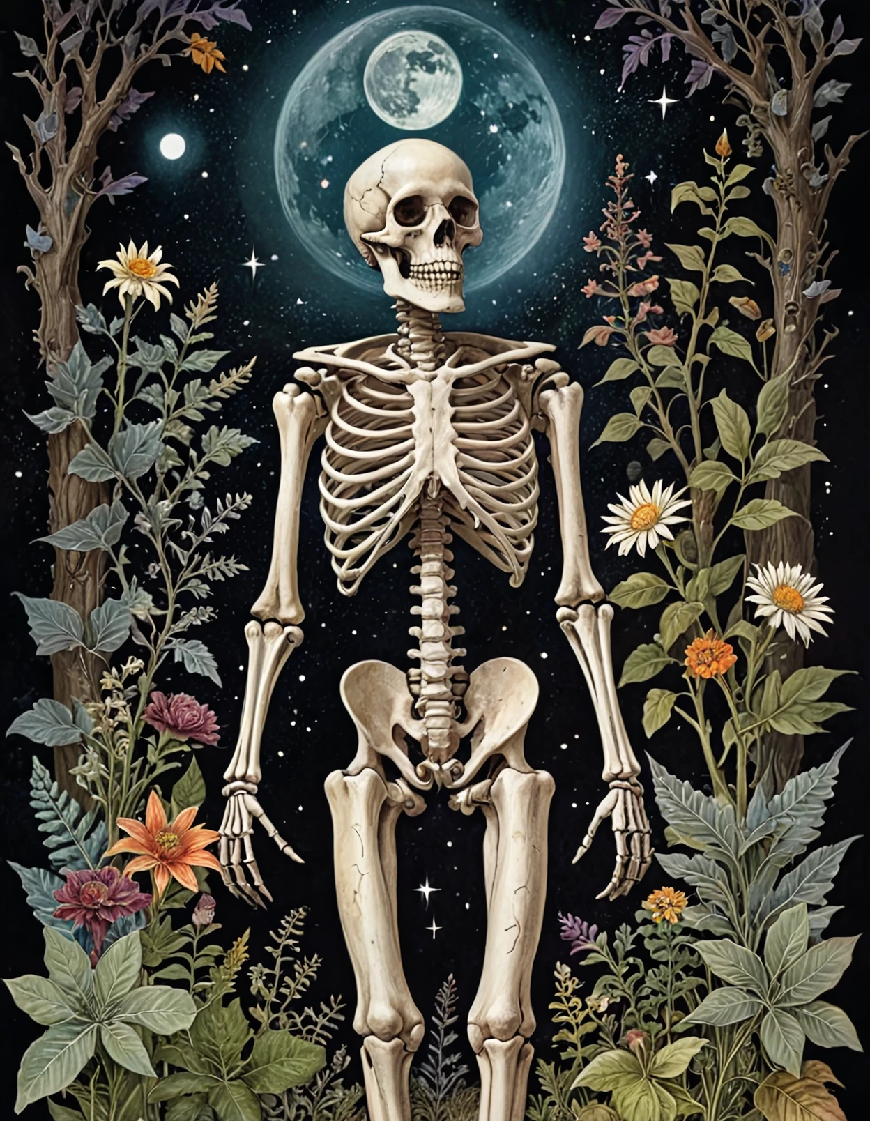 <lora:lora_witchcraftstyle_v2:1>, witchcraftstyle, a collage of a skeleton, plants, a detailed painting, astronomical, gothic aesthetic, mystic alchemical occult art, intricate wiccan scene detailing, home wicca scene, dark fantasy esoteric