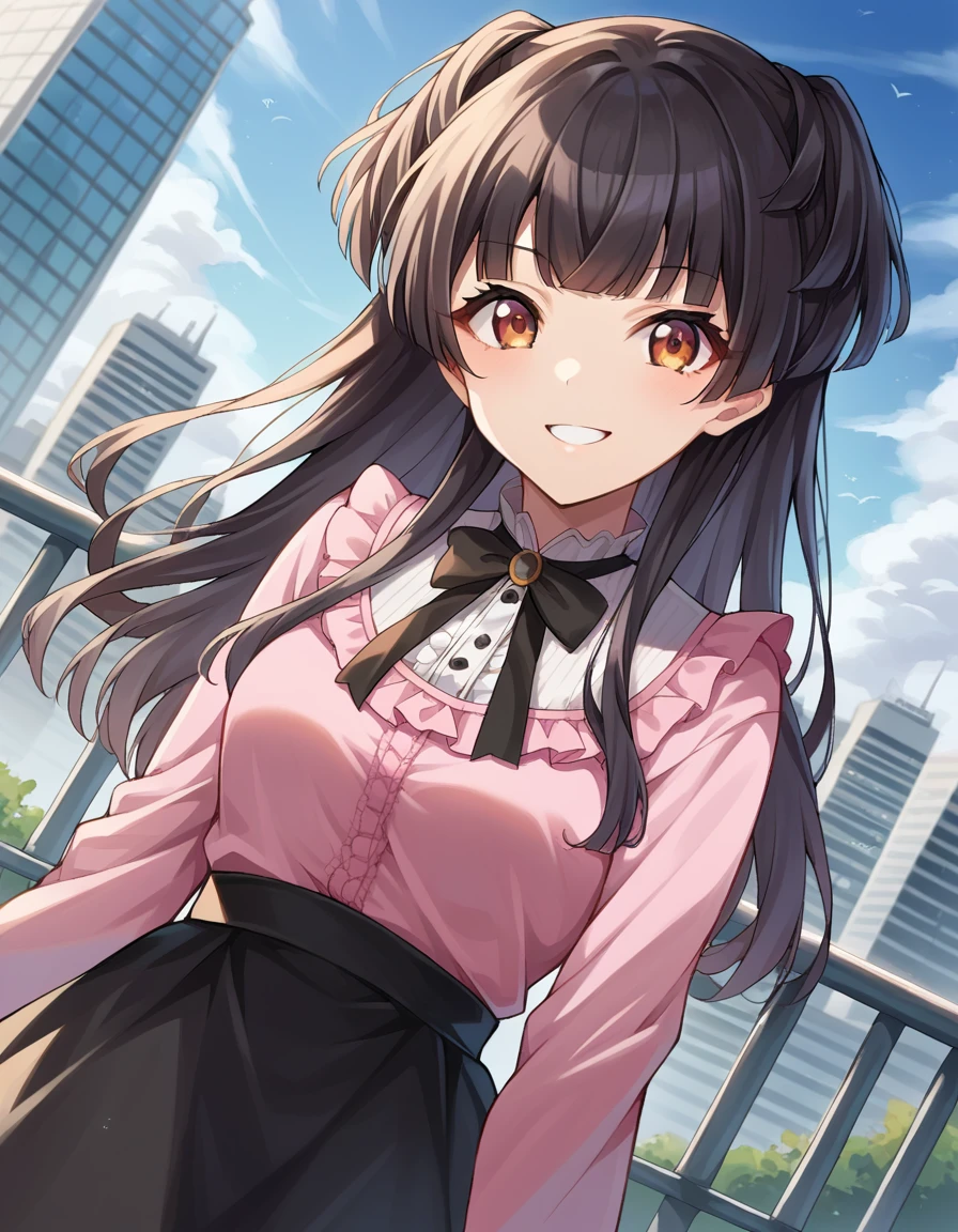 score_9, score_8_up, score_7_up, source_anime,
fuyukomayuzumi, <lora:fuyuko-mayuzumi-ponyxl-lora-nochekaiser:1>,
fuyuko mayuzumi, black hair, brown eyes, long hair, two side up, smile,
black bow, black bowtie, black ribbon, black skirt, bow, bowtie, frilled shirt, frills, jirai kei, long sleeves, neck ribbon, pink shirt, ribbon, shirt, skirt, white shirt,
outdoors, cityscape,
looking at viewer, dutch angle, cowboy shot,