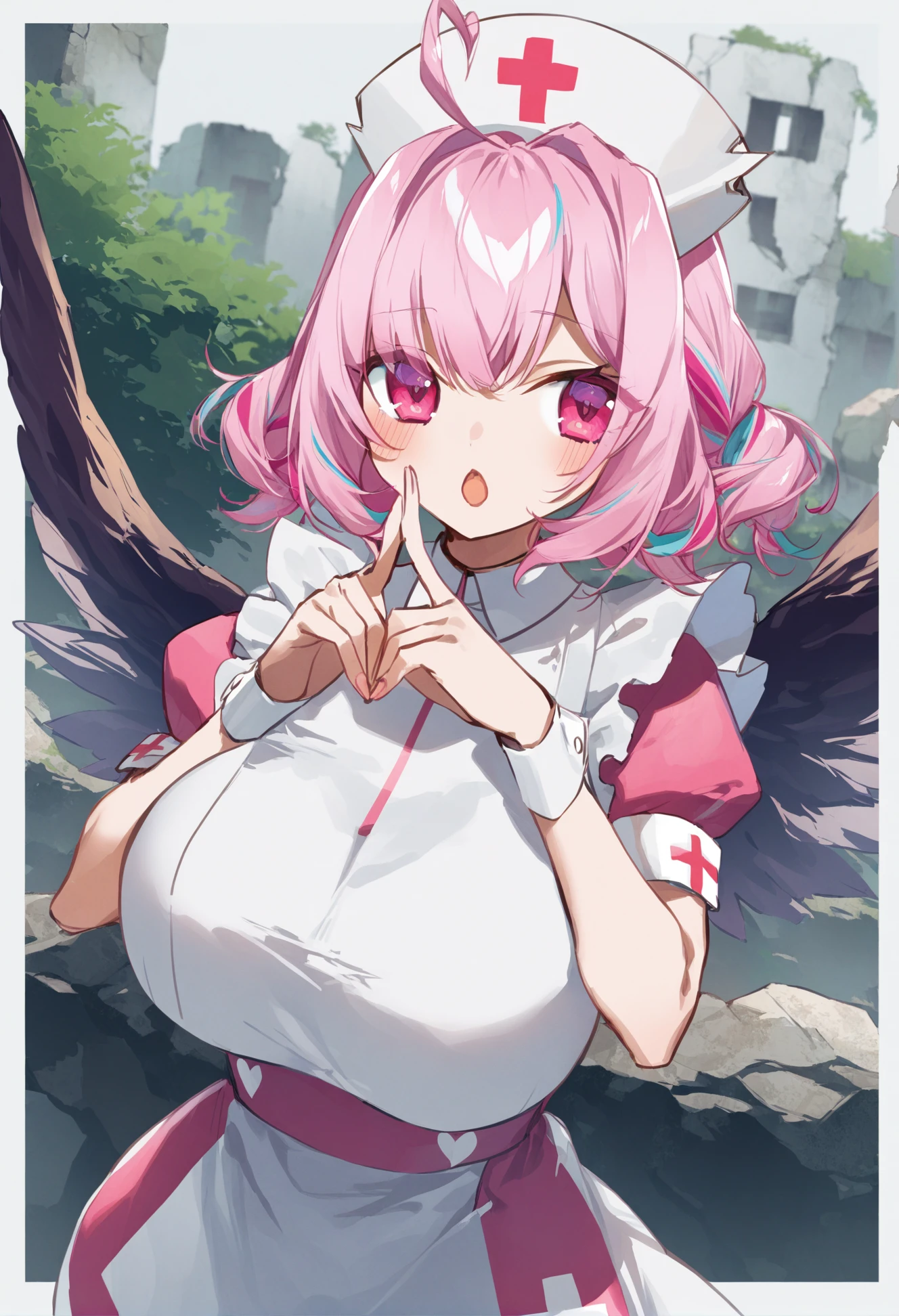 masterpiece, best quality,1girl, solo, yumemi riamu, pink hair, hat, breasts, nurse cap, ahoge, short sleeves, white background, large breasts, apron, multicolored hair, open mouth, wrist cuffs, index fingers together, white apron, simple background, bangs, dress, looking at viewer, wings, two-tone hair, short hair, blue hair, puffy sleeves, blush, pink eyes, puffy short sleeves, hair intakes, heart, upper body, white headwear, hands up, hair between eyes ,scenery, ruins, solo, tree, building, window
<lora:potgXLlokr4f-000143:1>
