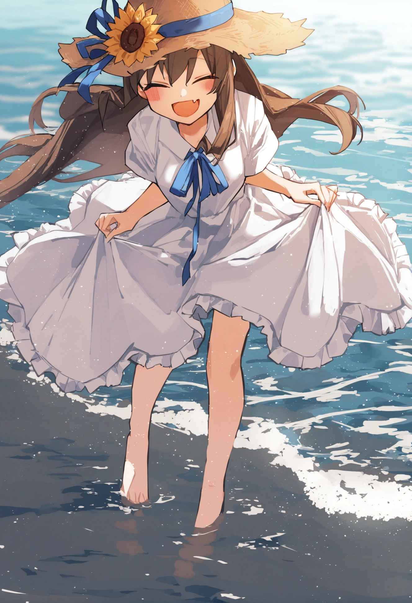 masterpiece, best quality,1girl, hat, solo, dress, closed eyes, brown hair, long hair, smile, fang, open mouth, flower, white dress, straw hat, wading, barefoot, skirt hold, water, blush, short sleeves, ^_^, blue ribbon, hat flower, ocean, bangs, sunflower, outdoors, :d, hat ribbon, very long hair, frilled dress ,
<lora:potgXLlokr4f-000143:1>