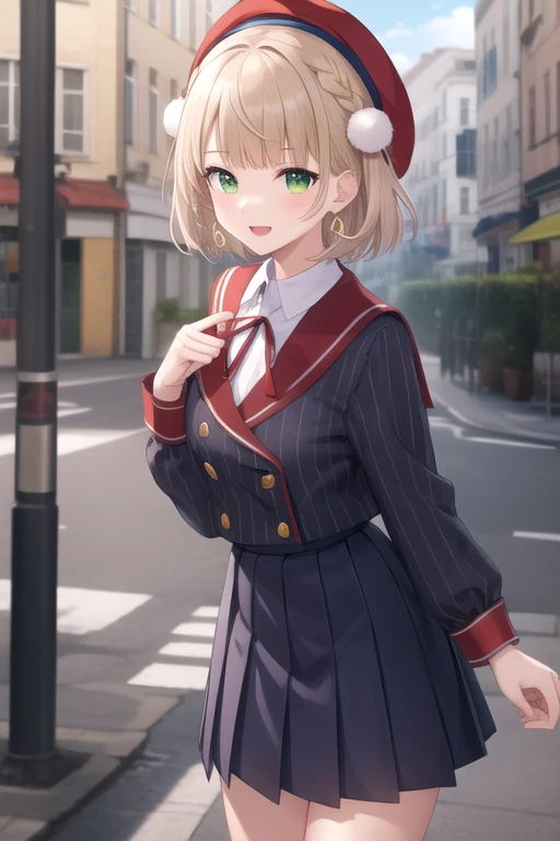 ((masterpiece)),(best quality),official art,extremely detailed CG,unity 8k wallpaper,ultra detailed,beautiful detailed eyes,extremely detailed face,outdoors,1girl,solo,cowboy shot,looking at viewer,facing viewer,smile,shigure ui (vtuber),beret,red headwear,light brown hair,short hair,hair rings,pom pom hair ornament,side braid,french braid,blunt bangs,green eyes,school uniform,grey jacket,vertical-striped jacket,red sailor collar,neck ribbon,blue ribbon,pom pom (clothes),collared shirt,white shirt,long sleeves,red wrist cuffs,double-breasted,grey skirt,pleated skirt,vertical-striped skirt,red socks,loafers,<lora:Shigure Ui(vtuber)-Update>,
