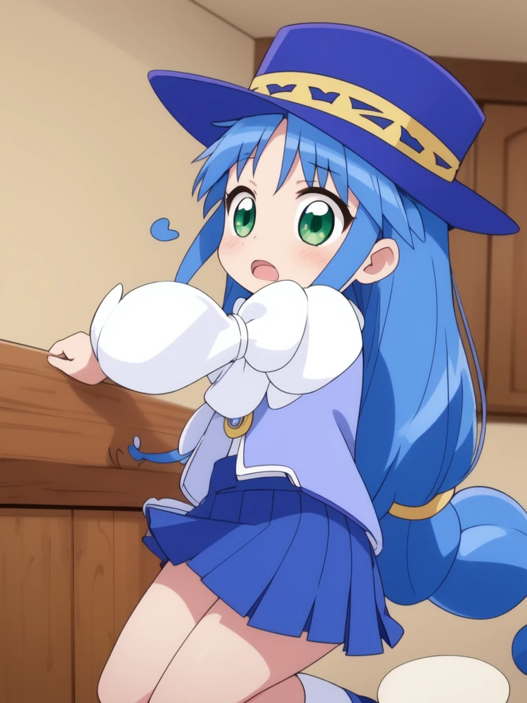 <lora:rein:0.8>, rein, 1girl, blue hair, hat, solo, long hair, open mouth, skirt, blue headwear, blue skirt, long sleeves, puffy sleeves, green eyes,
masterpiece, high quality, very_high_resolution, large_filesize, full color,
