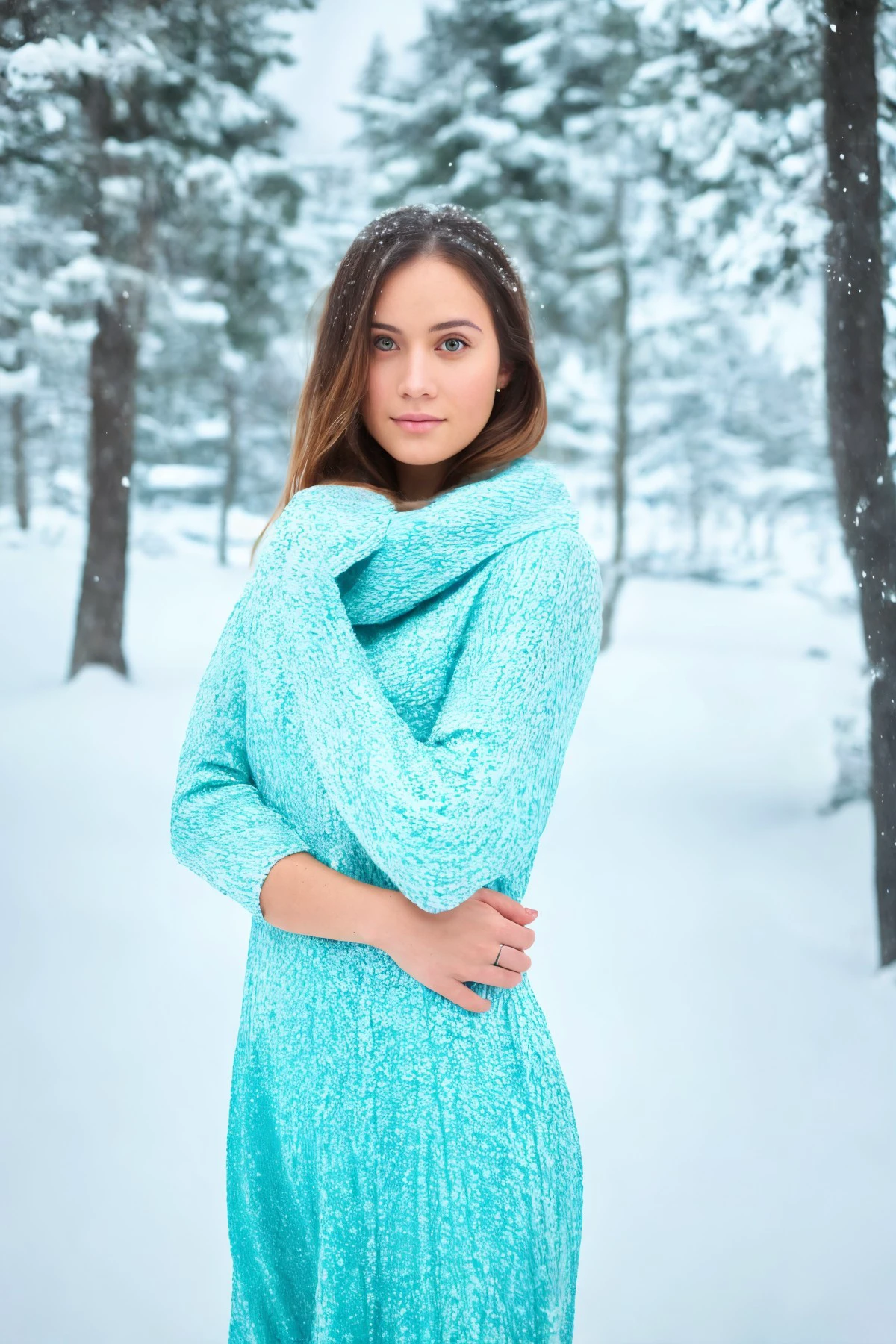 (woman standing, beautiful, wearing Cyan dress, (closeup:0.9),:1)
snow, snow portrait, <lora:dynamic_shot_17_snowy:0.75>
highres, high quality, high resolution, hd, 4k, masterpiece,