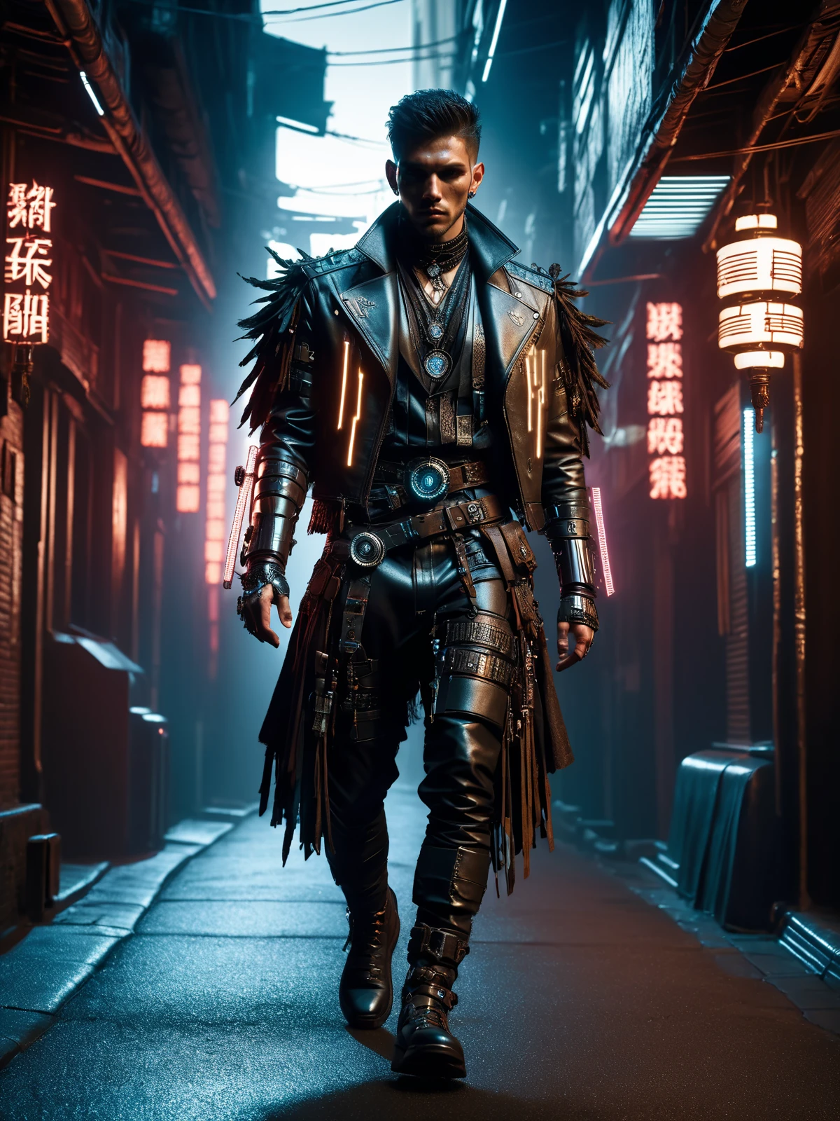 cinematic shot, dramatic lighting, man mad-cybrshmn, ornated clothing, talisman, leather frills, cyberpunk alley, dynamic walking pose, <lora:Neon_Cyberpunk_SDXL_Cybershaman:0.8>, masterpiece, best quality, ultra high res, (photorealistic, realistic:1.2), deep shadow, raw photo, film grain, Fujifilm XT3, 8k uhd, dslr