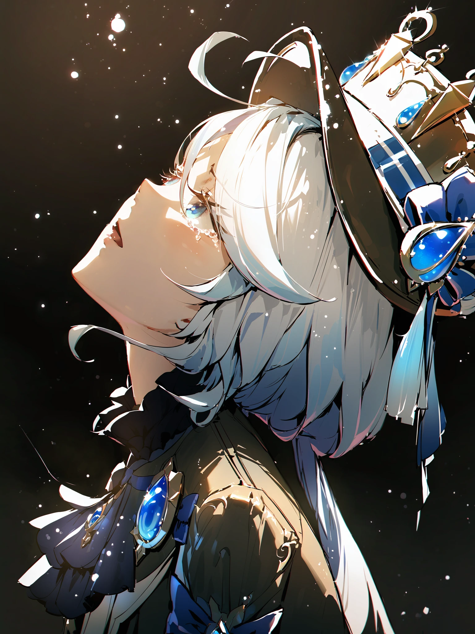 masterpiece,best quality,dispersion,<lora:style26-xl:1>, solo,1girl,furina (genshin impact),hat, black background, simple background, upper body, blurry,looking to the side,looking up, light particles, from side,tears,gem eyes,