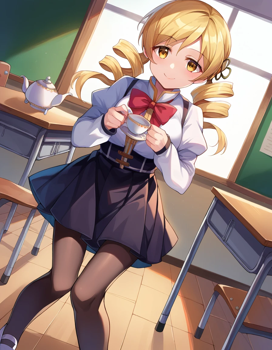 score_9, score_8_up, score_7_up, source_anime,
mamitomoe, <lora:mami-tomoe-ponyxl-lora-nochekaiser:1>,
mami tomoe, blonde hair, drill hair, twin drills, yellow eyes, smile,
black pantyhose, black skirt, bowtie, juliet sleeves, long sleeves, mary janes, mitakihara school uniform, pantyhose, pleated skirt, puffy sleeves, red bow, school uniform, shadow, shoes, skirt, white footwear,
indoors, classroom, desk, chair, teapot, teacup, drinking,
looking at viewer, dutch angle, cowboy shot,