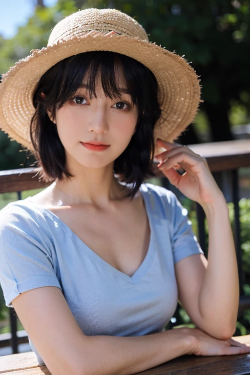 masterpiece,best quality,ultra high res,1girl, <lora:ãéªç³loraãæ¸
çº¯è¸æ¨¡_v1.0:1>, Ultra-realistic 8k CG,masterpiece,best quality,(photorealistic:1.4),HDR,absurdres,Professional,RAW photo,lens flare,(film grain:1.1),Bokeh,((Depth of field)),studio light, a woman with a hat on her head leaning on a railing with flowers in the background and a blue sky, 1girl, black_hair, blue_sky, brown_eyes, dress, flower, hat, lips, looking_at_viewer, short_hair, short_sleeves, sky, smile, solo, straw_hat, sun_hat, table, white_flower, Highly detailed,Professional,extreme detail description;