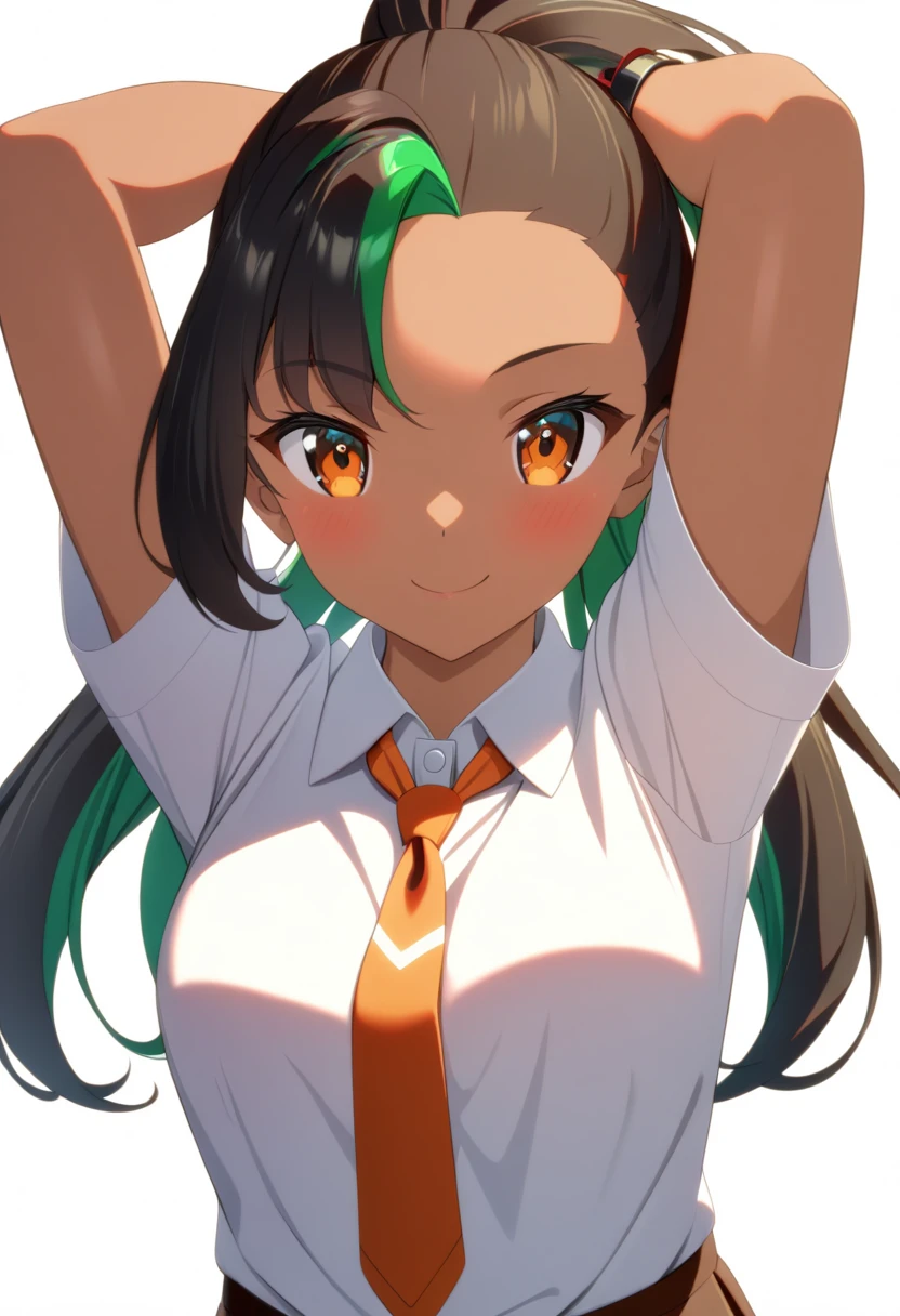 1girl,nemona,black_hair,brown_eyes,collared_shirt,dark-skinned_female,dark_skin,green_hair,long_hair,multicolored_hair,naranja_academy_school_uniform,necktie,orange_necktie,ponytail,school_uniform,shirt,short_sleeves,smile,solo,standing,two-tone_hair,tying_hair,undone_necktie,upper_body,white_background,white_shirt,<lora:pokemon_character_pack_xl:1>,masterpiece,raytracing,highly detailed,absurdres,anime style,<lora:Anime Enhancer XL V2:1>,enhancer,