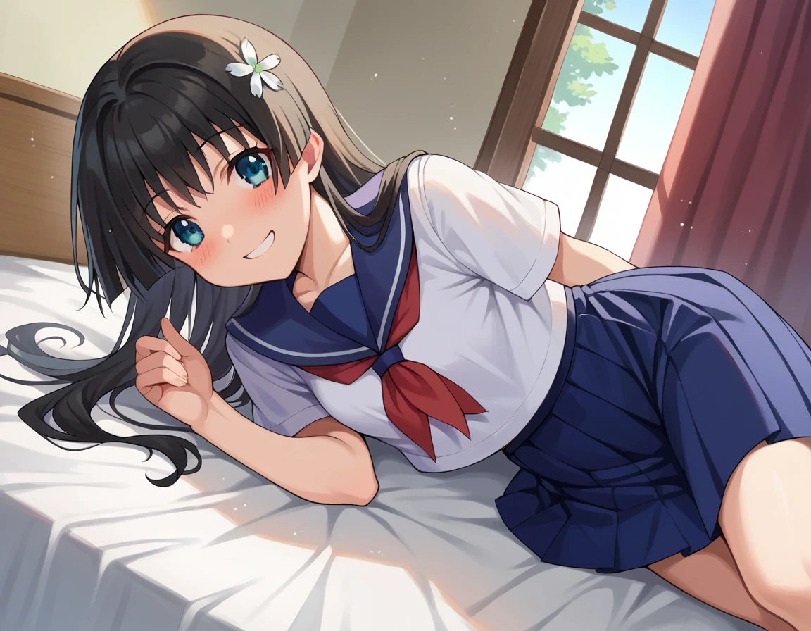 score_9, score_8_up, score_7_up, source_anime,
satenruiko, <lora:saten-ruiko-ponyxl-lora-nochekaiser:1>,
saten ruiko, black hair, blue eyes, long hair, hair ornament, flower ornament, smile,
blue skirt, pleated skirt, sakugawa school uniform, school uniform, serafuku, skirt, summer uniform,
indoors, bed, bed room, on side, blush, drunk,
looking at viewer, cowboy shot, dutch angle,