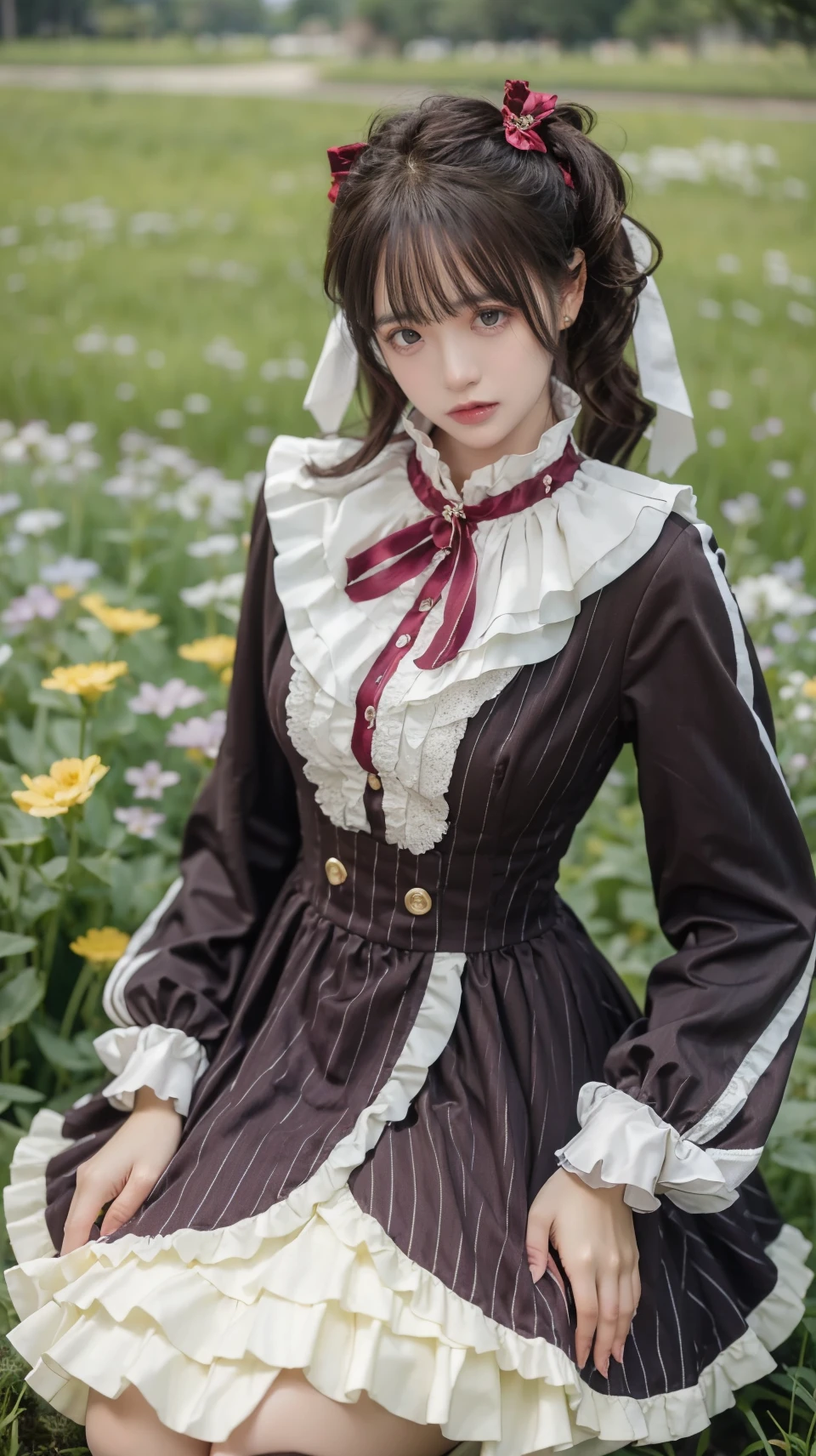 best quality,HDR,UHD,8K,Vivid Colors,solo,photo_,(1girl:1.3),(sitting:1.3),(looking at viewer:1.4),Elegant,detailed gorgeous face,(cowboy shot:1.2),morning,(flower field background:1.2),black eye,long hair,<lora:Twinkle13:0.75>,dress,ribbon,long sleeves,frilled dress,crinoline,sunlight,dappled sunlight,marginal light,