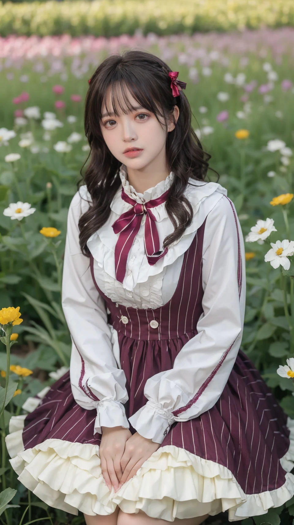 best quality,HDR,UHD,8K,Vivid Colors,solo,photo_,(1girl:1.3),(sitting:1.3),(looking at viewer:1.4),Elegant,detailed gorgeous face,(cowboy shot:1.2),morning,(flower field background:1.2),black eye,long hair,<lora:Twinkle13:0.75>,dress,ribbon,long sleeves,frilled dress,crinoline,sunlight,dappled sunlight,marginal light,