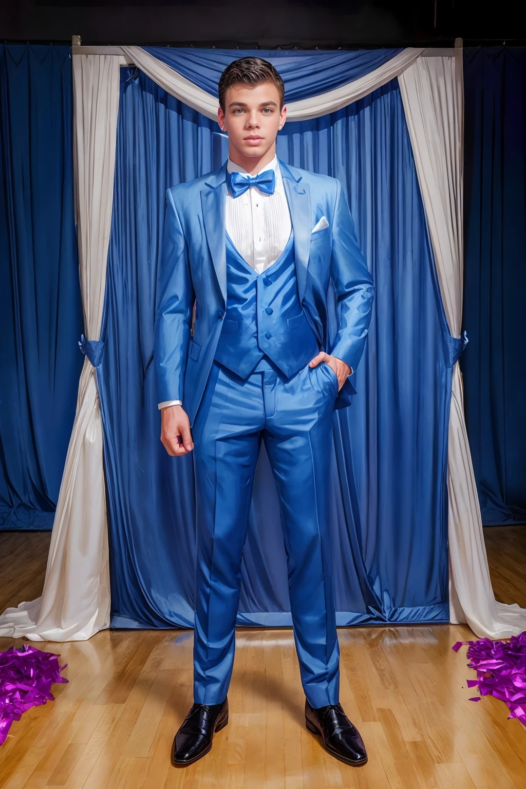 School gymnasium, prom decorations, streamers, standing in front of photography backdrop, posing for camera, JesseSantana, CFJesse, wearing TUX3D0, powder blue outfit, (((full body portrait))), wide angle <lora:JesseSantana:0.8> <lora:TUX_LoRA_V1:1>