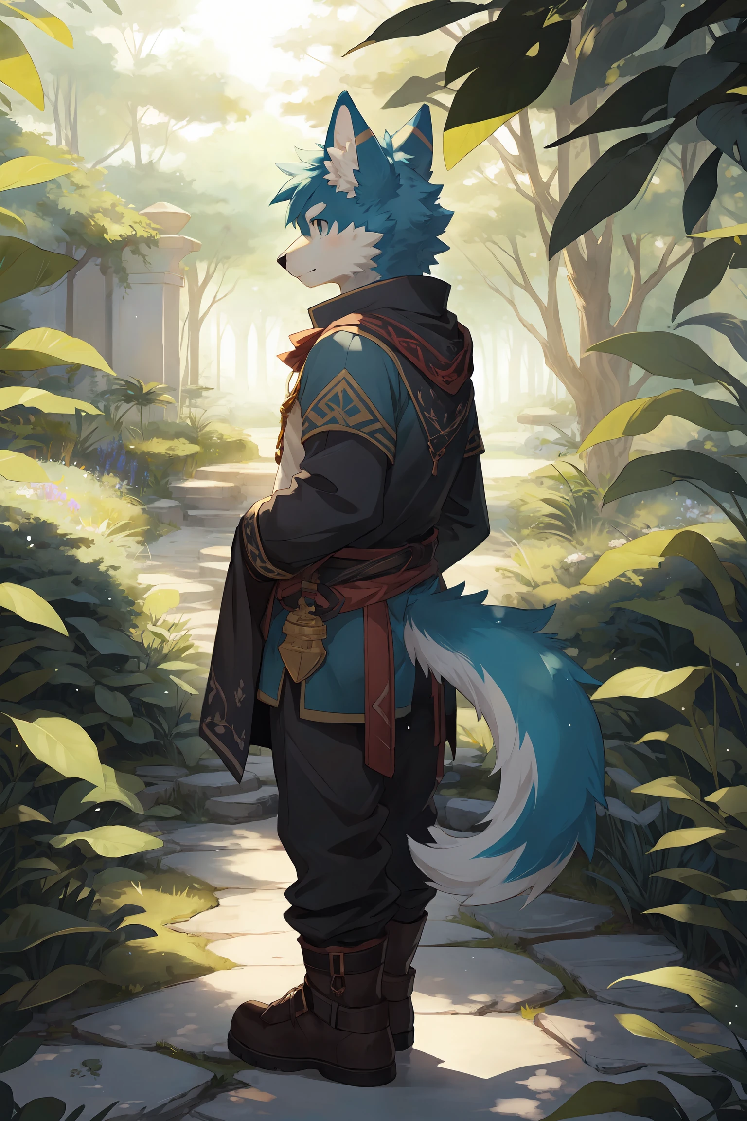 1boy,boy,solo,furry,kemono,anthro,tail,fantasy,botanical garden,plant,