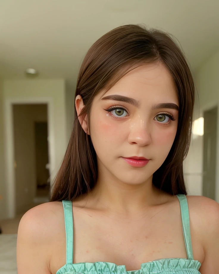 a picture of st4ryuuki15, woman , brunette, realistic, photorealistic, detailed skin, surface scattering, bokeh, skin pores,  indoors,wearing a dress,detailed face, detailed eyes,green eyes <lora:st4ryuuki15:1>
