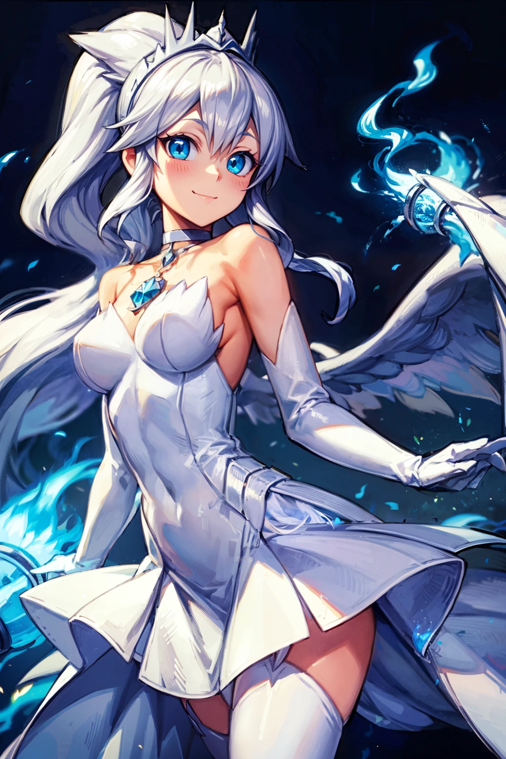 (Ivory Queen),  ((masterpiece,best quality)), <lora:Bold_CAT:0.4>,  (blue fire:1),  <lora:Reshiram_Pokemon:0.8>, Reshiram, smile, cowboy shot,  10s, 1girl, blue eyes, emukon, white dress, personification, ponytail, thighhighs, white hair,  diamond (shape), frilled dress, frills, jewelry, pendant choker, tiara,  angel wings, looking at viewer,  <lora:add_detail:0.8>,