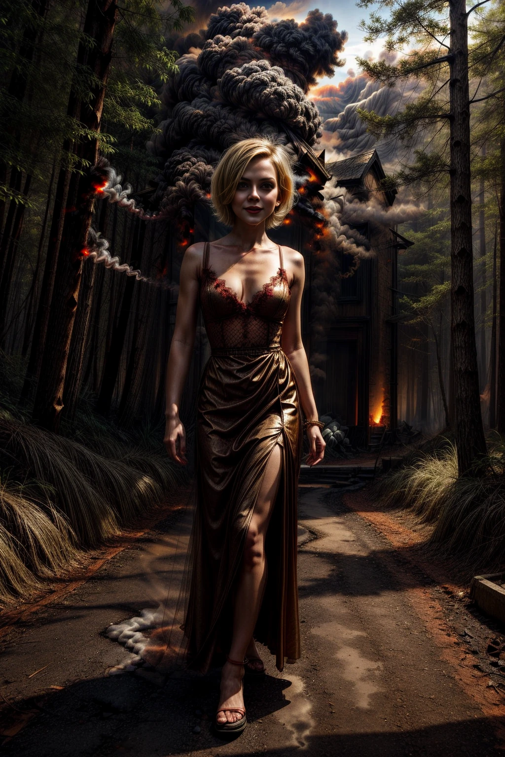 <lora:BurnSmokeWorld:1> (BurnSmokeWorld:0.95) 1girl ,( short blonde hair:1.2),walking in forest with a long dress, red bra smiling  <lora:more_details:1.6>