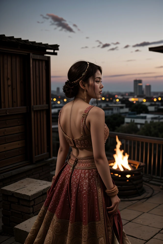 <lora:00red00bridal00legnga:0.9> 00red00bridal00legnga, 1girl, solo, rooftop, campfire, skyline, dusk