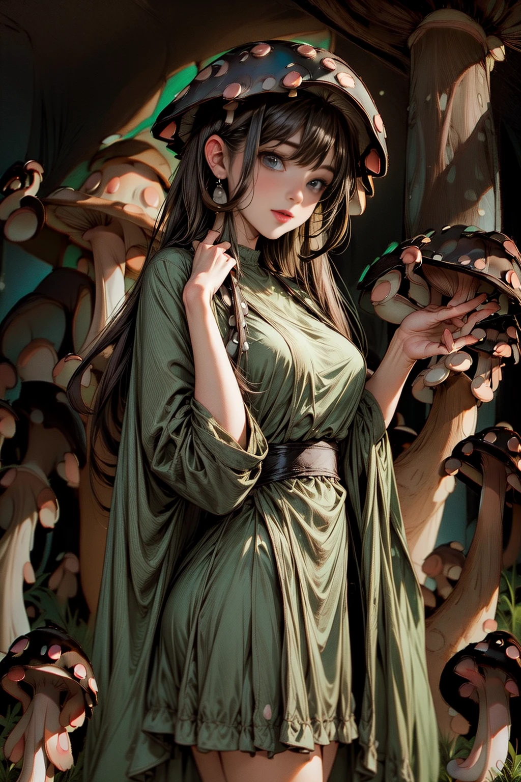 <lora:MushroomWorld:1.0> (MushroomWorld:1.1) 1woman (sexy skinny green dress:1.2) (happy 1.3) in an dark forest <lora:more_details:1>