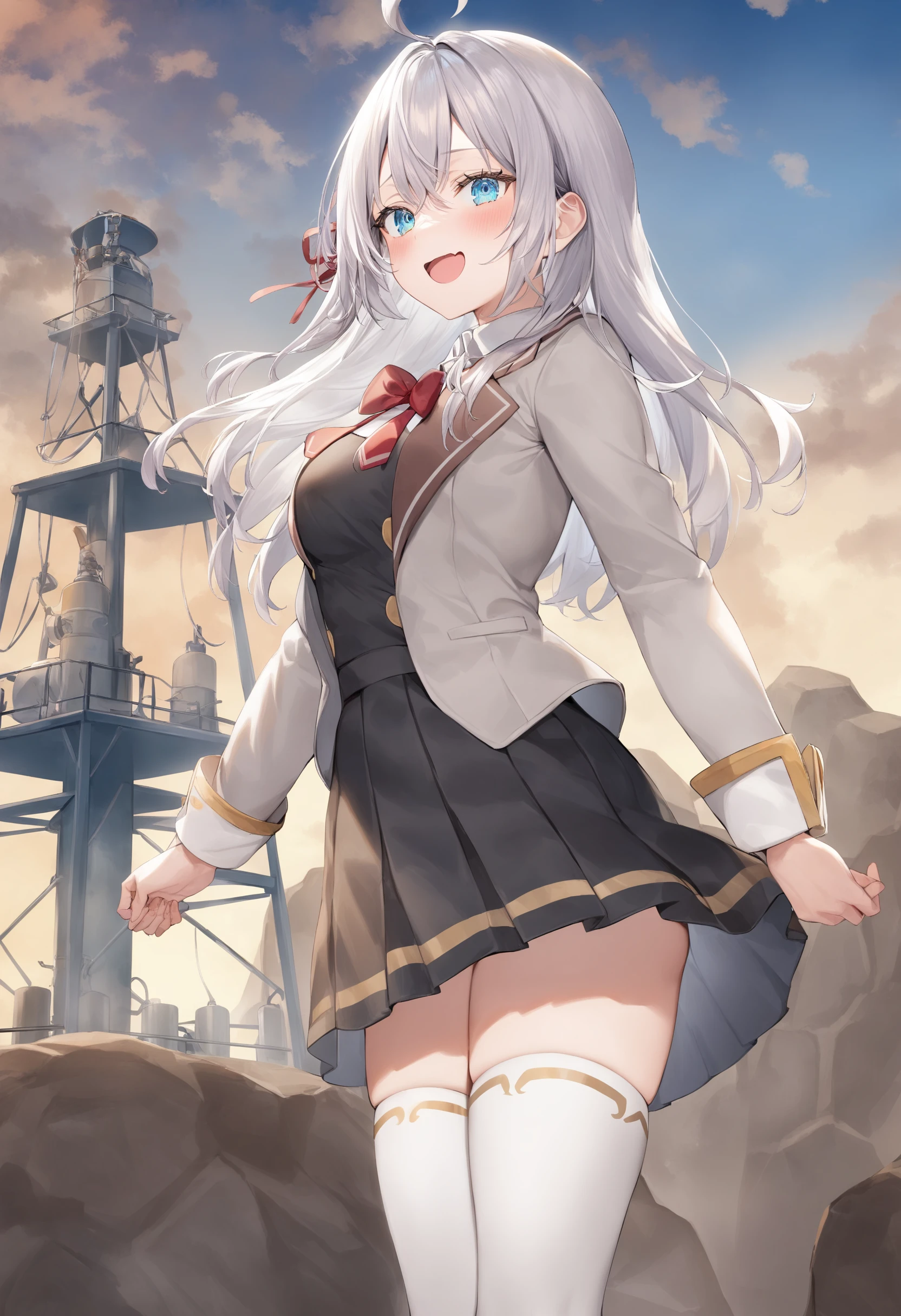 1girl,  alisa mikhailovna kujou,tokidoki bosotto roshia-go de dereru tonari no arya-san,<lora:alisa_XL_v1:0.8>
solo, long hair, eyebrows visible through hair, hair between eyes, silver hair, hair ribbon, blue eyes, medium breasts, school uniform,white legwear,zettai ryouiki, long sleeves, jacket,
from side, wide shot, looking back, happy, geyser, open mouth,
best quality, very aesthetic, absurdres