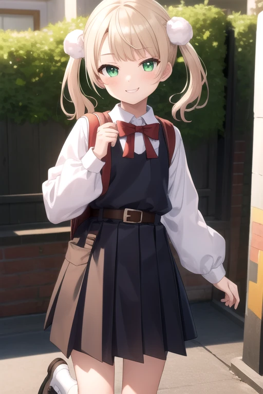 ((masterpiece)),(best quality),official art,extremely detailed CG,unity 8k wallpaper,ultra detailed,beautiful detailed eyes,extremely detailed face,outdoors,1girl,solo,cowboy shot,looking at viewer,facing viewer,smile,smug,smirk,aged down,child,shigure ui (vtuber),short hair,light brown hair,twintails,pom pom hair ornament,hair intakes,green eyes,school uniform,bangs,red bow,collared shirt,white shirt,long sleeves,randoseru,red backpack,belt,black dress,sleeveless dress,pleated dress,pinafore dress,flat chest,kneehighs,white socks,black footwear,uwabaki,<lora:Shigure Ui(vtuber)-Update>,