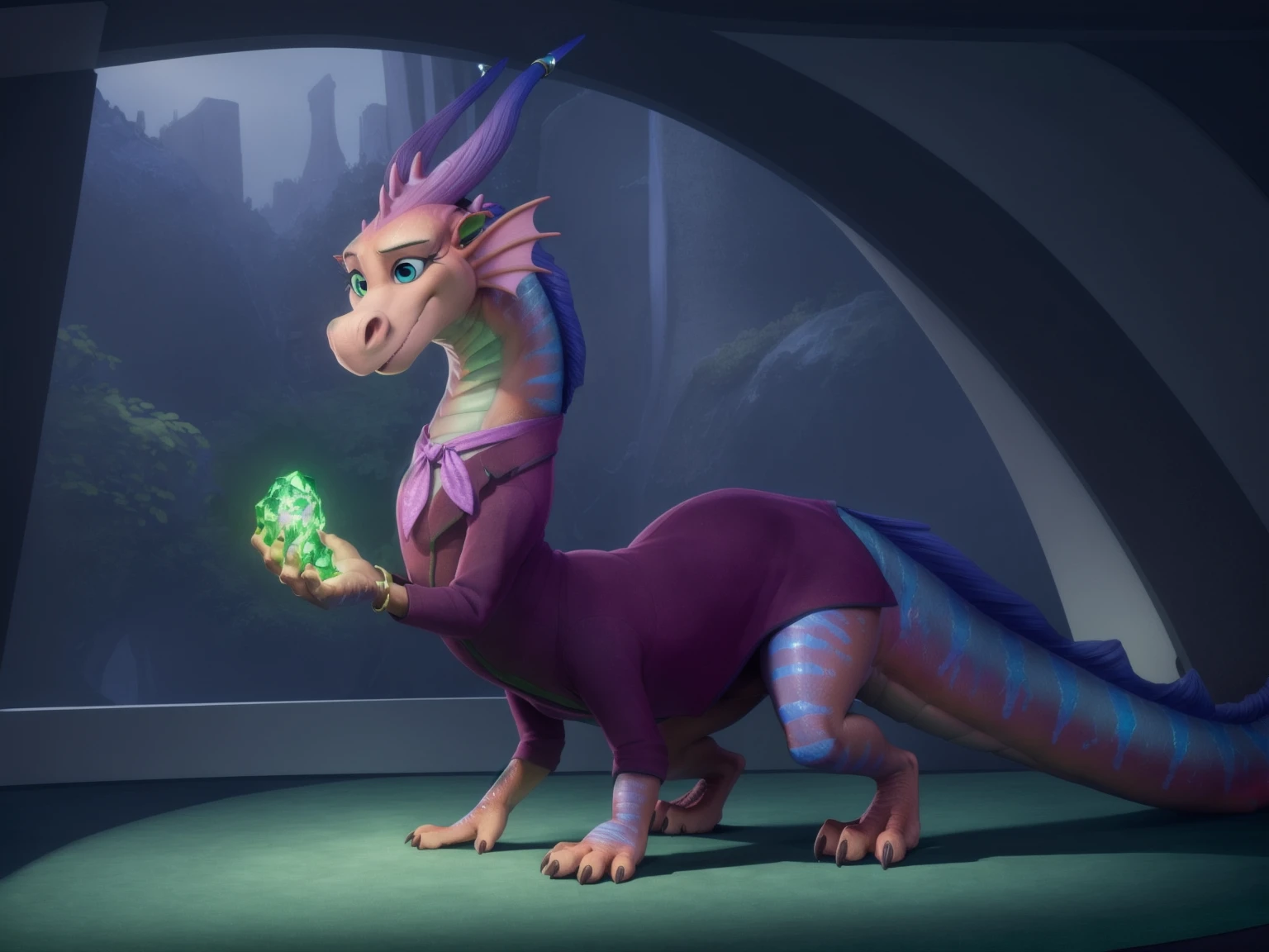 solo, LuckDragon, feral, female, dragon, dragoness, dragontaur, 2arms, 4legs, taur, scalie, (pink body), (blue stripes), full body view, (wingless dragon),  paws, claws, horns, frills, jewelry, digitigrade, (holding a green gem), (blue eyes), eyelashes, 1girl, animal ears, indoors, clothes, clothed, (red business mantel), Bandana, tail:1.2, 3d, pixar, futuristic office, (looking at the viewer), <lora:LuckDragonV1:0.6> (best quality), masterpiece, best quality, 4k, 2k, (high detail) (by darkgem),(by thebigslick), (by syuro),{1-4$$by Faustsketcher|by Jessie Willcox Smith|by Albert Marquet|by Cyril Rolando|by TheSecretCave|by Patto}