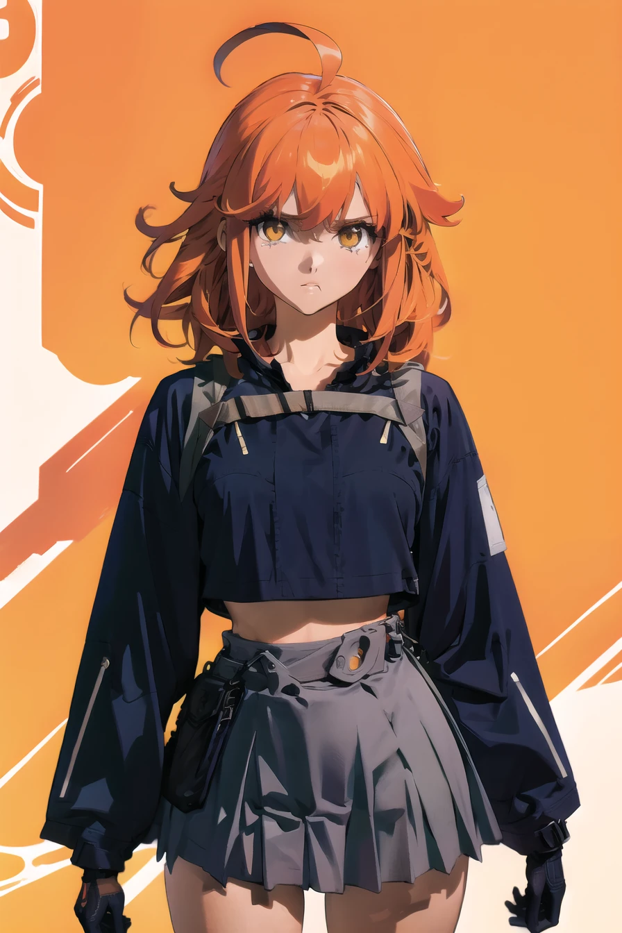 (masterpiece),best quality,(retro artstyle),cowboy_shot,medium_shot,thighs,looking at viewer,Look directly,<lora:gudakoFemaleFujimaru_v10:0.75>,1girl,orange hair,ahoge,grey skirt,yellow eyes,