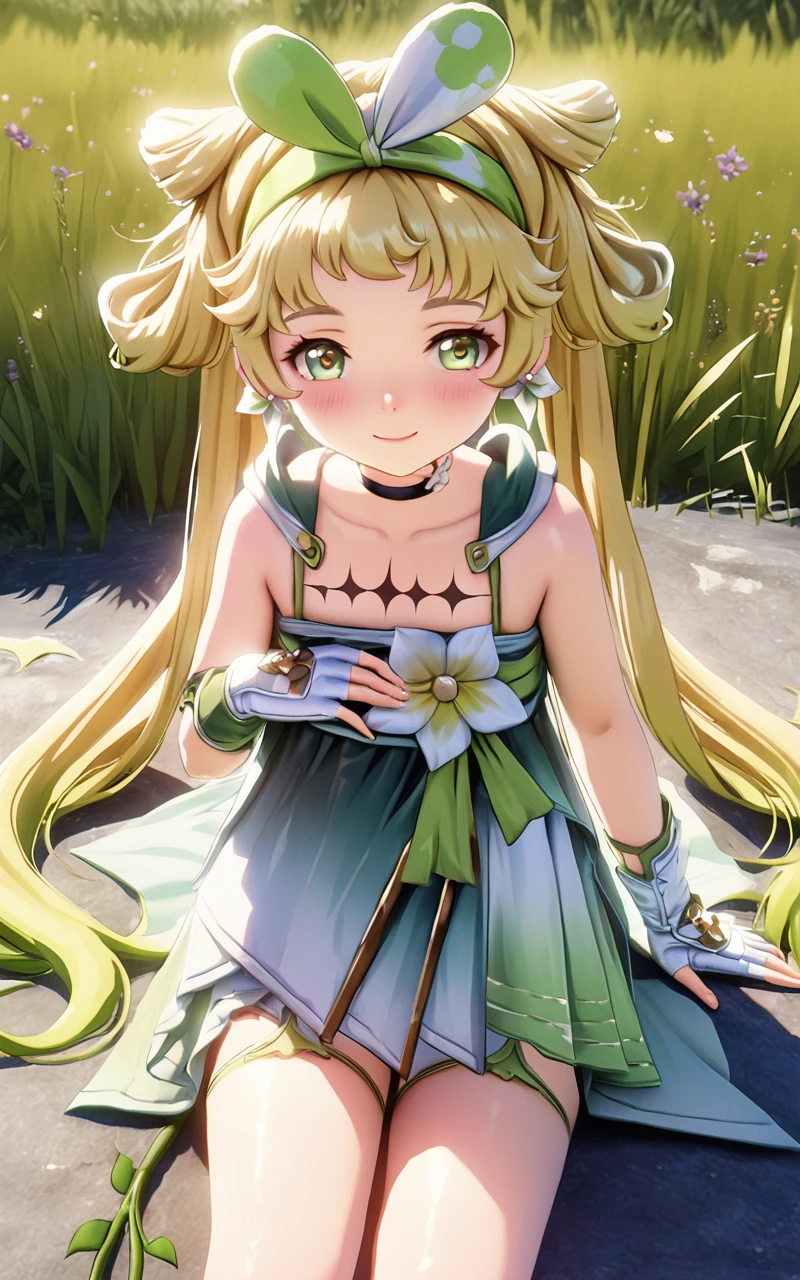 long hair,solo,gloves,blonde hair,green eyes,smile,white gloves,fingerless gloves,choker,flower,collarbone,green hairband,hair ornament,bangs,twintails,jewelry,flower_earrings,hand on own chest,chest spectrum tattoo,vine tail,little_girl,sitting,absurdres,meadow,blush,available light,illumination,from front,(best aesthetic:1.2) and (best quality:1.2) and (photorealistic:1.4) and (Realistic:1.4) and detailed skin textures and detailed skin pores and high skin detail,<lora:VerinaSDXL:0.8>,