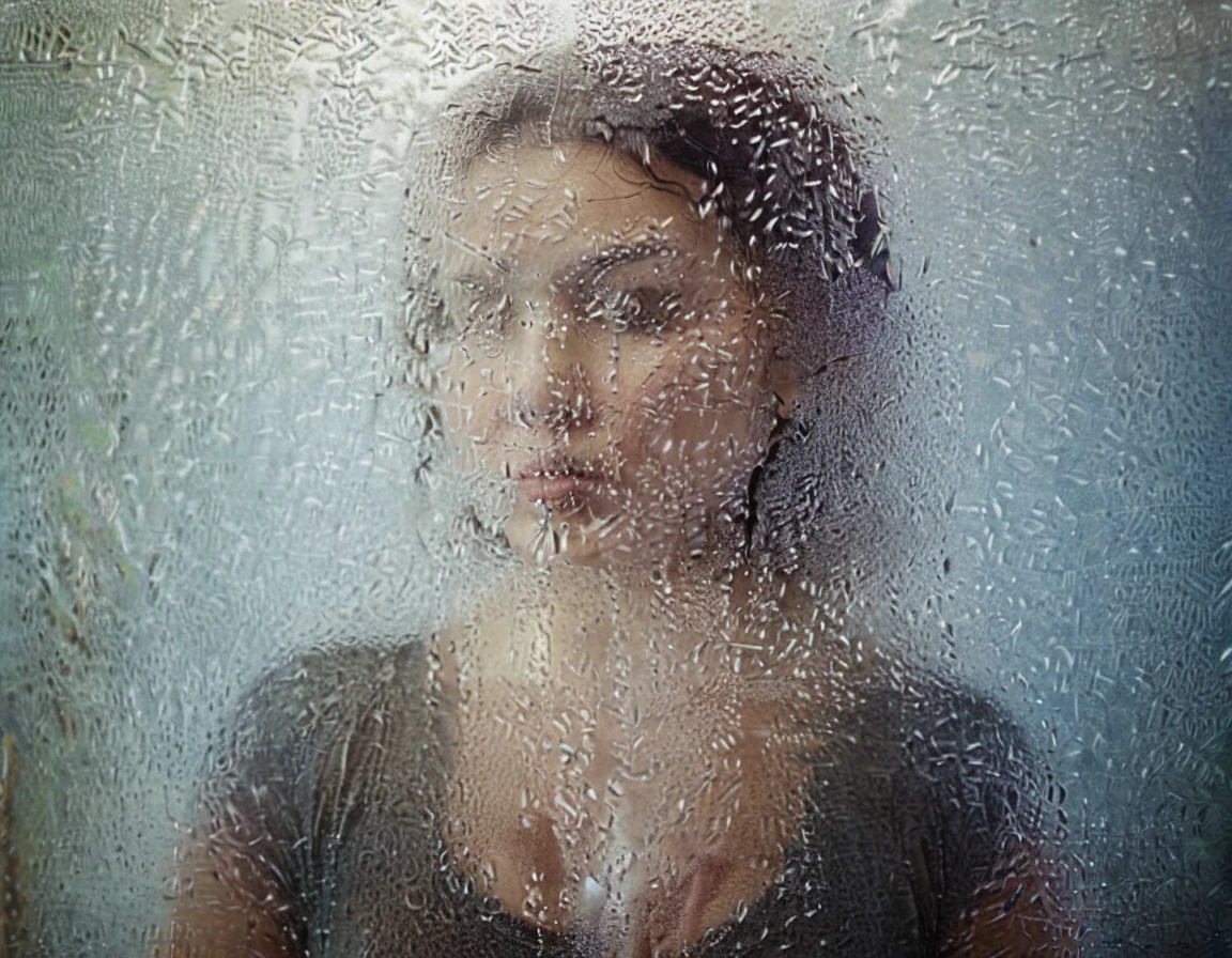 portrait of a woman behind frosted glass
