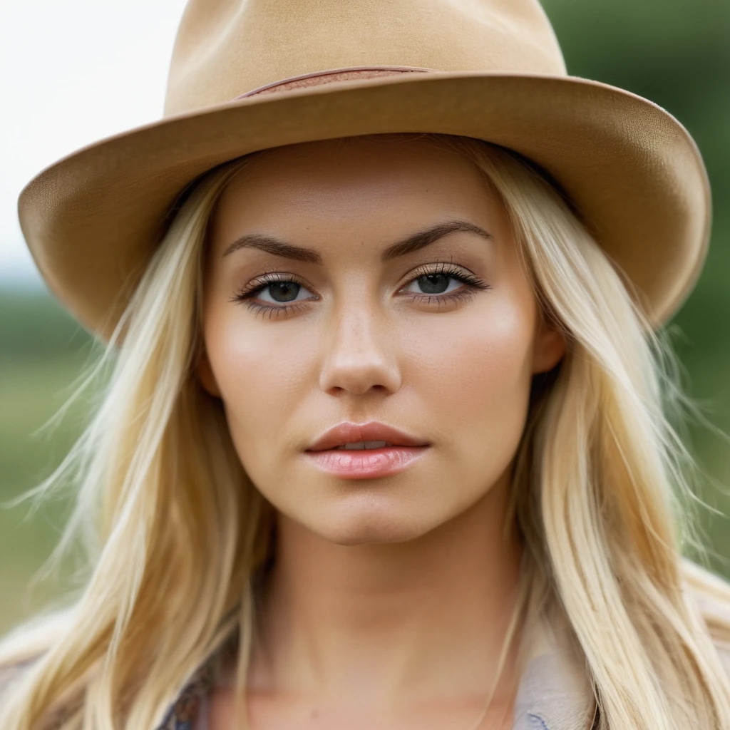 Skin texture, no makeup, Super high res closeup portrait photo of a woman outdoors with long blonde hair wearing a classic cowboy hat, confident, f /2.8, Canon, 85mm,cinematic, high quality,looking at the viewer, <lora:elicuthbert_v2_xl_2_standard_wo_cap-000050:1>