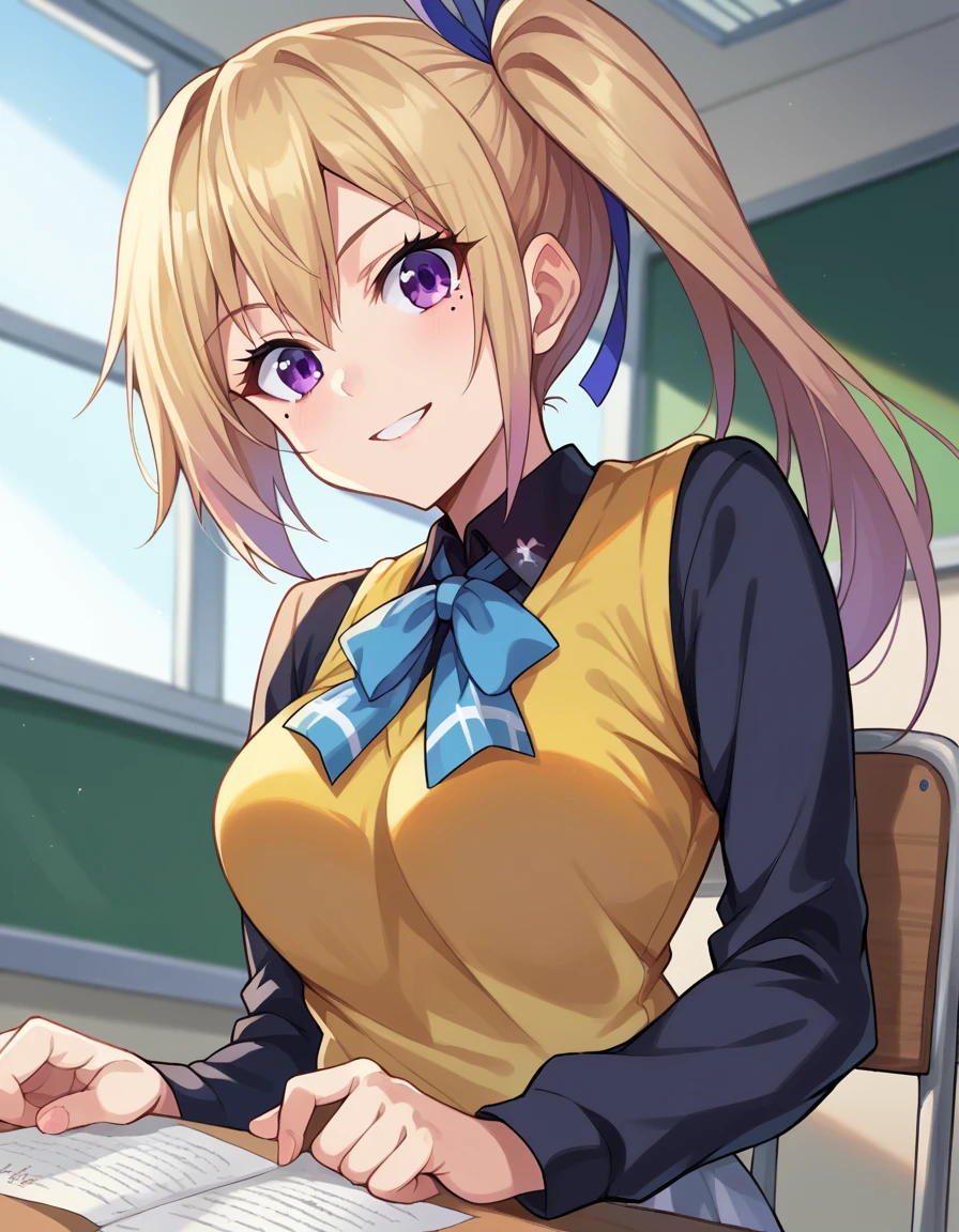 score_9, score_8_up, score_7_up, source_anime,
maikawakami, <lora:mai-kawakami-ponyxl-lora-nochekaiser:1>,
mai kawakami, blonde hair, hair ribbon, long hair, mole, mole under eye, ribbon, side ponytail, purple eyes, smile,
school uniform, skirt, vest, yellow vest,
indoors, classroom, table, chair, sitting,
looking at viewer, dutch angle, cowboy shot,