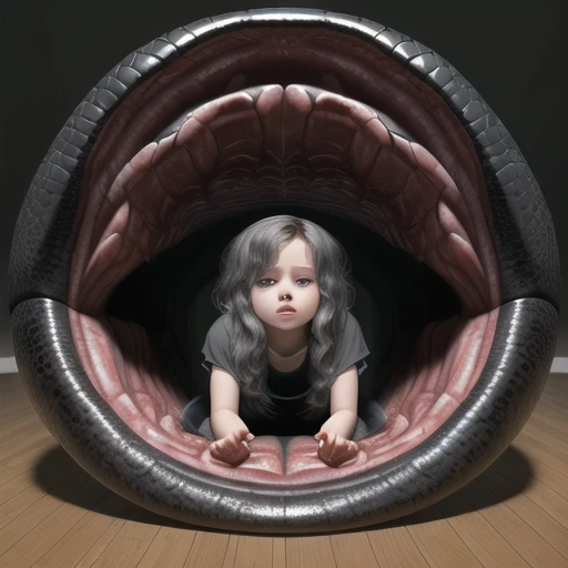 girl victim lying down inside of an anaconda mouth and throat, side view, raw, masterpiece, ultra best picture, ultra intricate creative detail, hyper realistic detail, ultra hyper photo realism, ultra-hyper immersive visuals, 3D realistic, ultra 4080p, HD, VFX, SFX, FKAA, TXAA, RTX, SSAO,