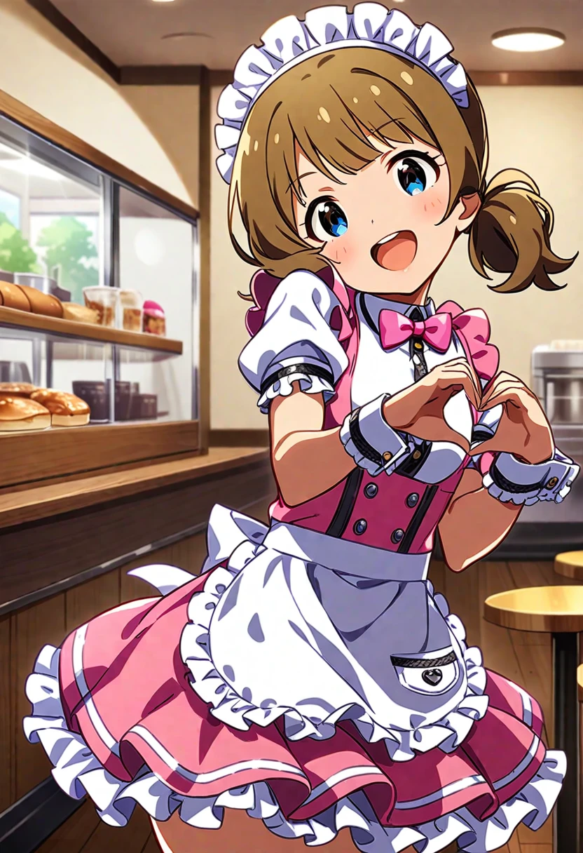 masterpiece, best quality, very aesthetic, absurdres, 1girl, suou momoko, pritty-waitress, millimas, pink skirt, hands up, low twintails, blush, thighhighs, smile, blue eyes, :d, cowboy shot, short hair, heart hands, short twintails, white legwear, teeth, round teeth, heart, twintails, open mouth, frilled cuffs, frilled skirt, head tilt, medium hair, maid headdress, eyebrows visible through hair, pocket, buttons, zettai ryouiki, short sleeves, pink neckwear, small breasts, name tag, wrist cuffs, looking at viewer, light brown hair, blonde hair, waitress, pink bow, brown hair, standing, long hair, puffy sleeves, maid, upper teeth, pink dress, frilled dress, white shirt, collared shirt, puffy short sleeves, waist apron, frilled apron, maid apron, white apron, pink bowtie, cafe, indoors <lora:suou_momoko_sdxl_locon_ani31_v1:0.7>