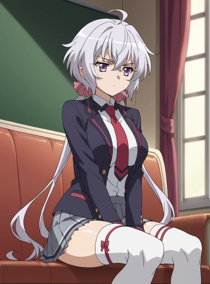 score_9, score_8_up, score_7_up, score_6_up, score_5_up, score_4_up, BREAK source_anime, masterpiece , anime screencap, anime_lineart anime coloring, <lora:YukineChris:0.8>yukinechris, long hair, purple eyes, twintails,low twintails, ahoge, large breasts, indoors, school uniform, blazer, necktie, white thighhighs, pleated skirt, open jacket,sitting, bored,