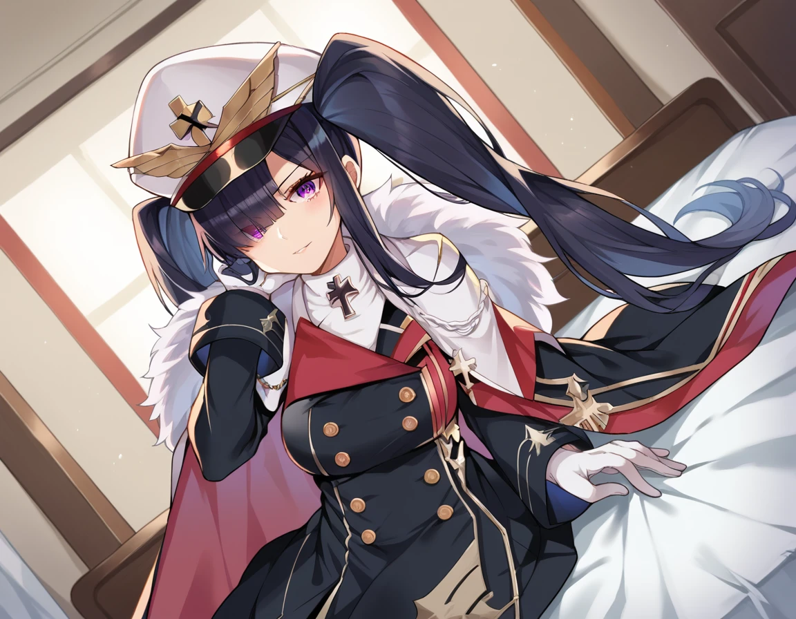 ((Highest quality)), ((masterpiece)), (detailed), (High resolution), Perfect Face, 1. Female, (Purple elongated eyes:1.3), (Long black hair), straight across bangs, (Adult face:1.4), Part your lips, Medium chest, Lower Body, (Leaning forward:1.3), Exciting, (Anime Coloring:1.1), (High Angle:1.5), (Two Old Men:1.4), Exciting, (Man touching buttocks:1.4), (Yamashiro Ren), Slave of the Demon Capital, Motion Lines, Motion Blur, Shaking breasts , Blunt bangs, hair ornaments, detailedを追加, uniform, Epaulettes, POV with leash , White gloves, View your viewers, Red Cape, Black Pantyhose, Long hair Hair falling over one eye, masterpiece, Hair Ribbon, sole,