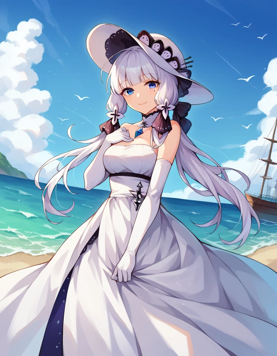 score_9, score_8_up, score_7_up, source_anime,
illustrious, <lora:azur-lane-illustrious-ponyxl-lora-nochekaiser:1>,
illustrious, blue eyes, hair ornament, hair ribbon, long hair, mole, mole under eye, white hair, smile,
dress, elbow gloves, gloves, hat, ribbon, white dress, white gloves, white headwear,
outdoors, ocean, ship, sea,
looking at viewer, cowboy shot, dutch angle,