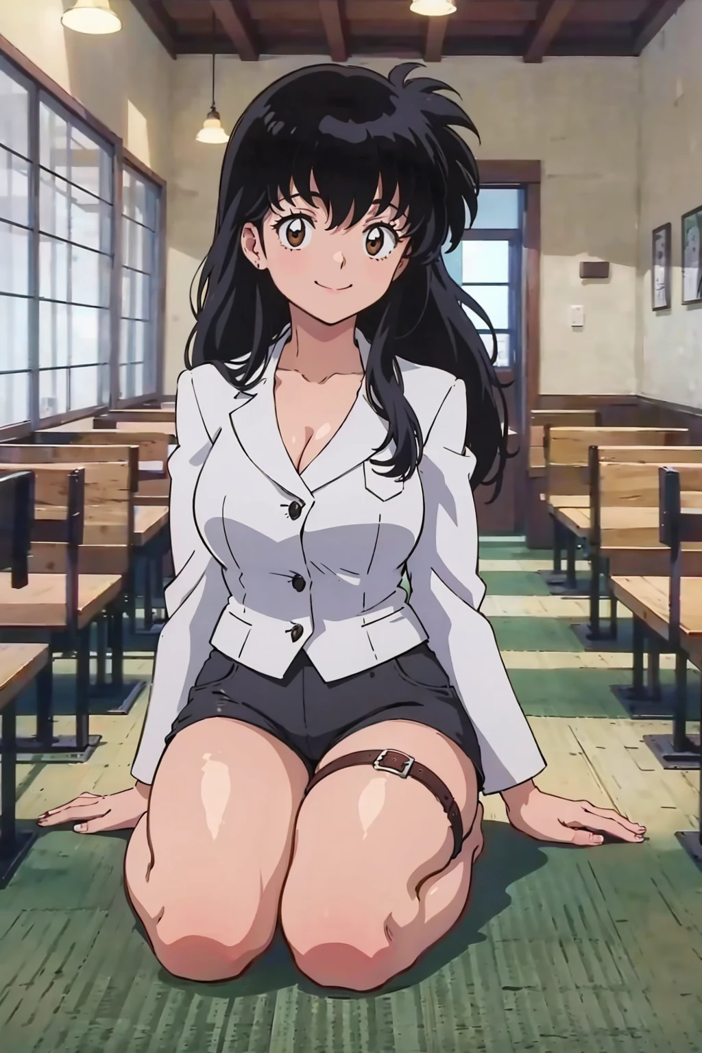 masterpiece, best quality, 1girl, solo, looking at viewer, <lora:EPinKagome-13:0.7>, EPinKagome black hair, brown eyes, detailed background, anime coloring, anime screencap, 2000s \(style\), straight-on, full body, restaurant, indoors, light, yoga, blazer, short shorts, thigh strap, seductive smile