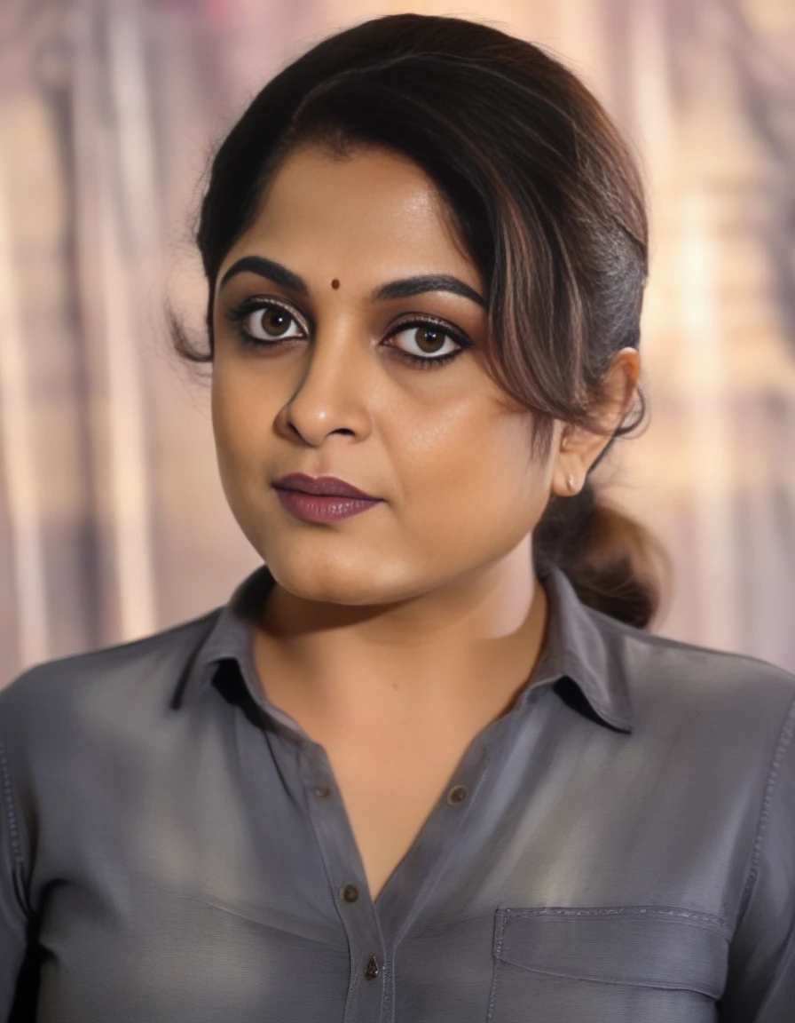 RamyaKrishnan,<lora:RamyaKrishnanSDXL:1>A detailed portrait of a young woman with a warm complexion and hazel eyes. Her hair is styled in soft waves with dark roots and honey-blonde highlights. She is wearing a dark denim shirt with the top buttons undone. Her makeup is natural, highlighting her eyes and lips, and she has a relaxed yet confident posture. The lighting is soft and natural, suggesting a daylight setting.
